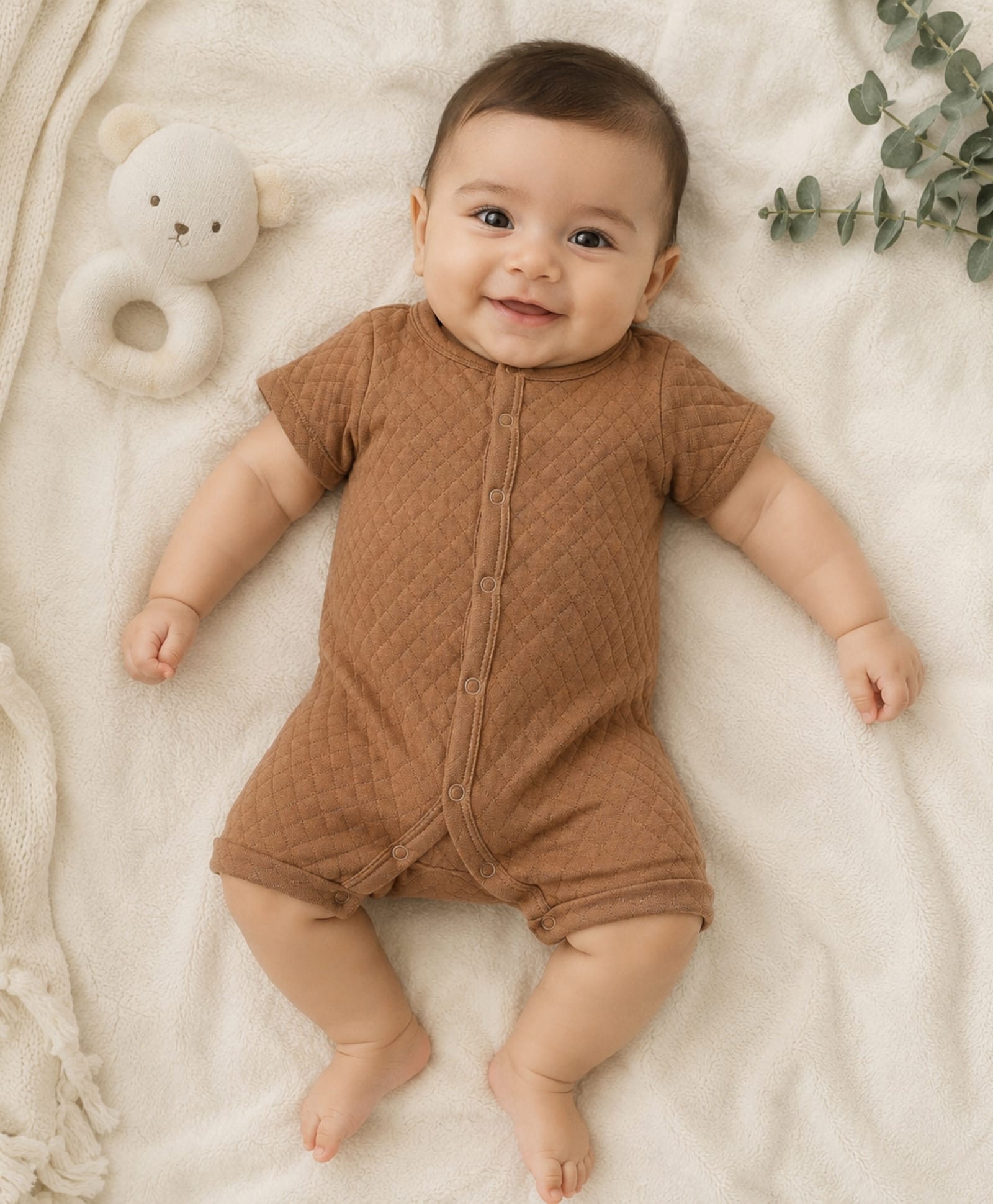 My Milestones 100% Cotton Half Sleeves Quilted Solid Romper - Brown-picture-34