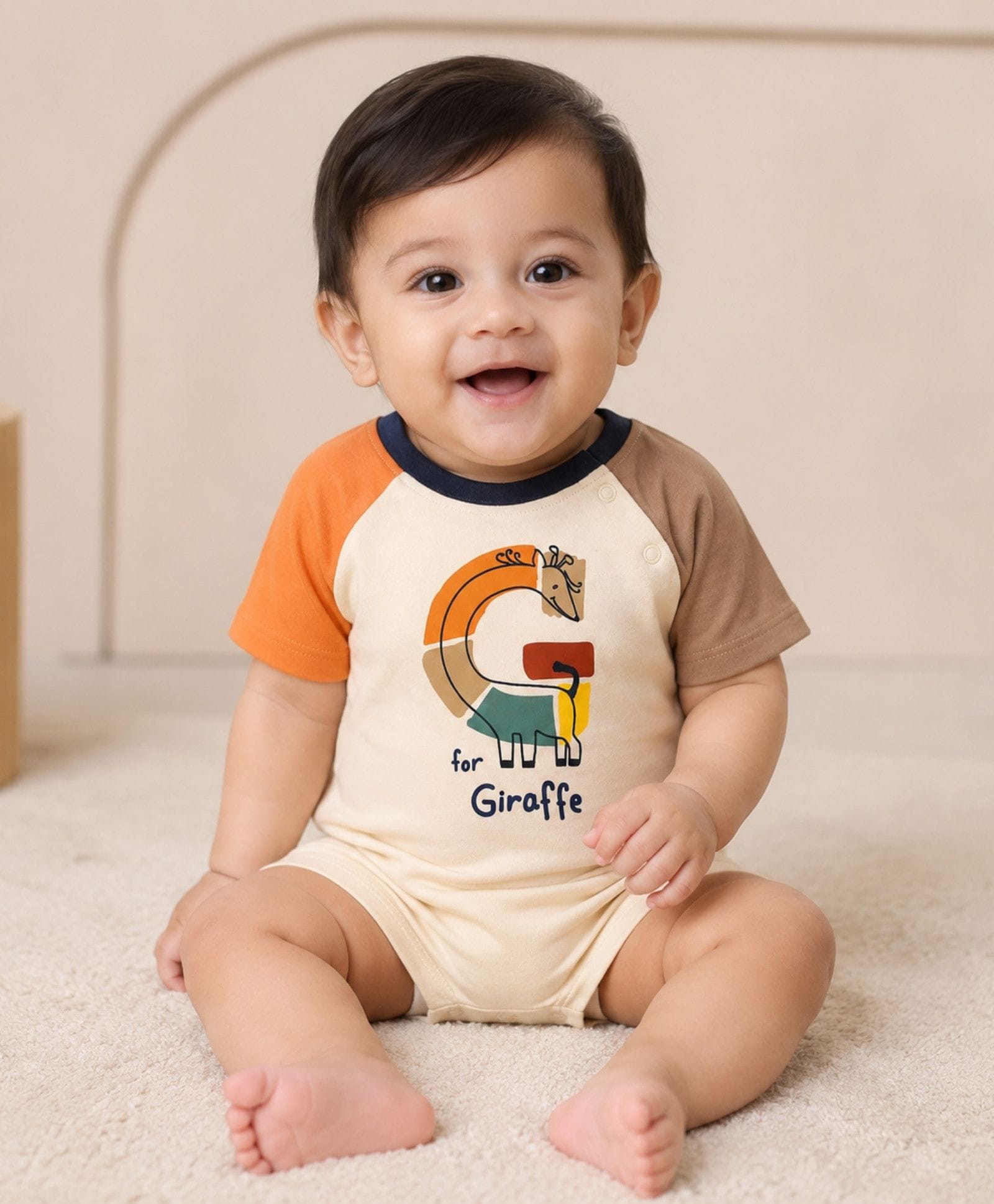 My Milestones 100% Cotton Half Sleeves Giraffe Printed Romper - Multi Colour-picture-12