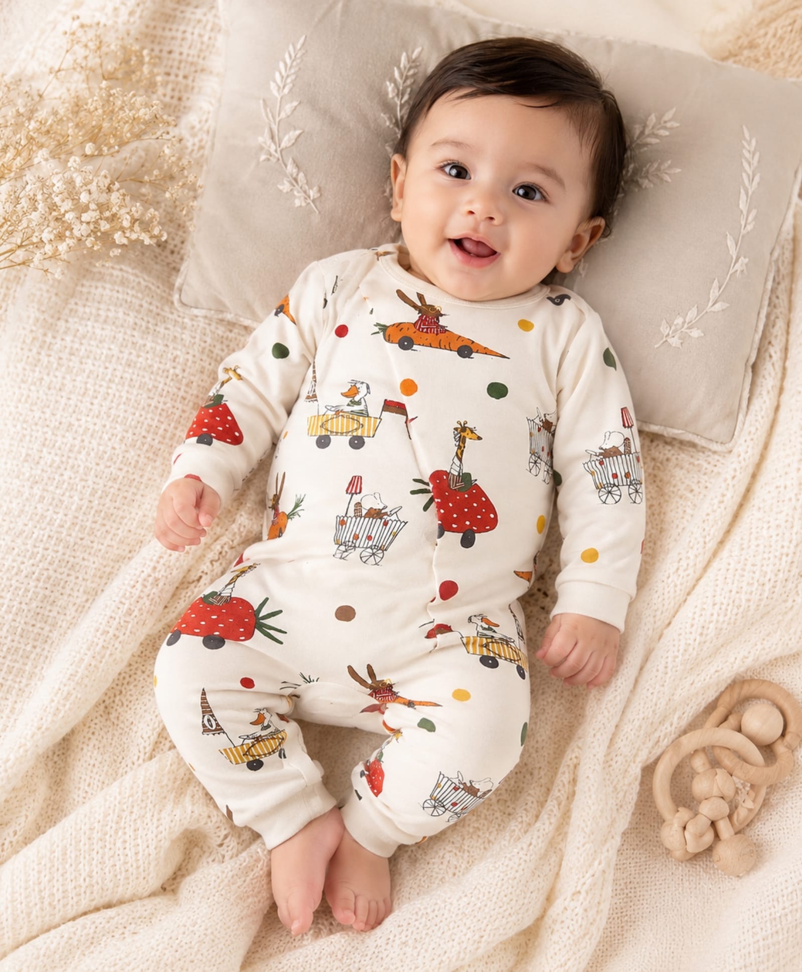 My Milestones 100% Cotton Full Sleeves Animals Printed Romper With Two Way Zipper - Cream-picture-2