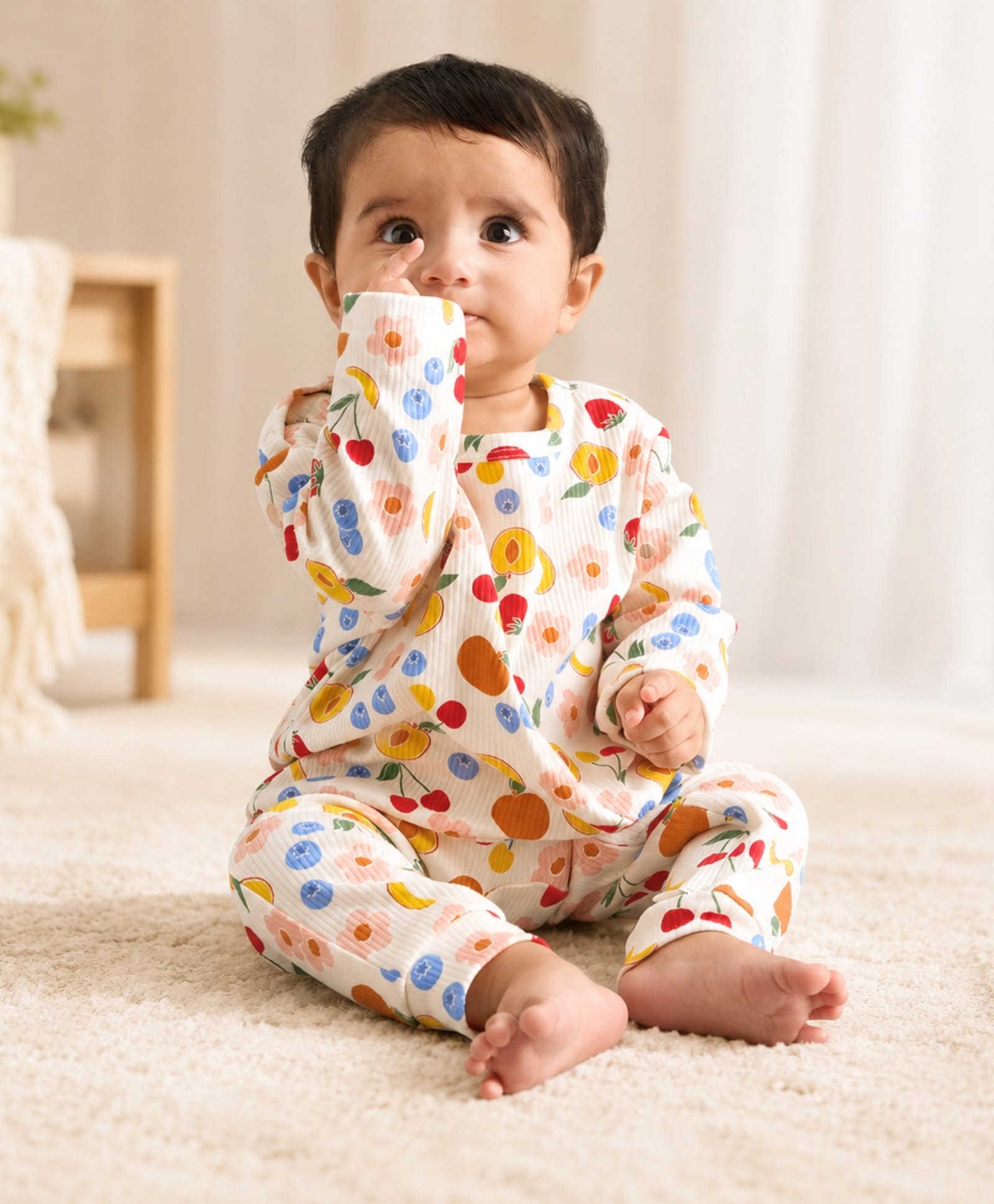 My Milestones 100% Cotton Full Sleeves Fruits Printed Romper With Two Way Zipper - Cream-picture-29