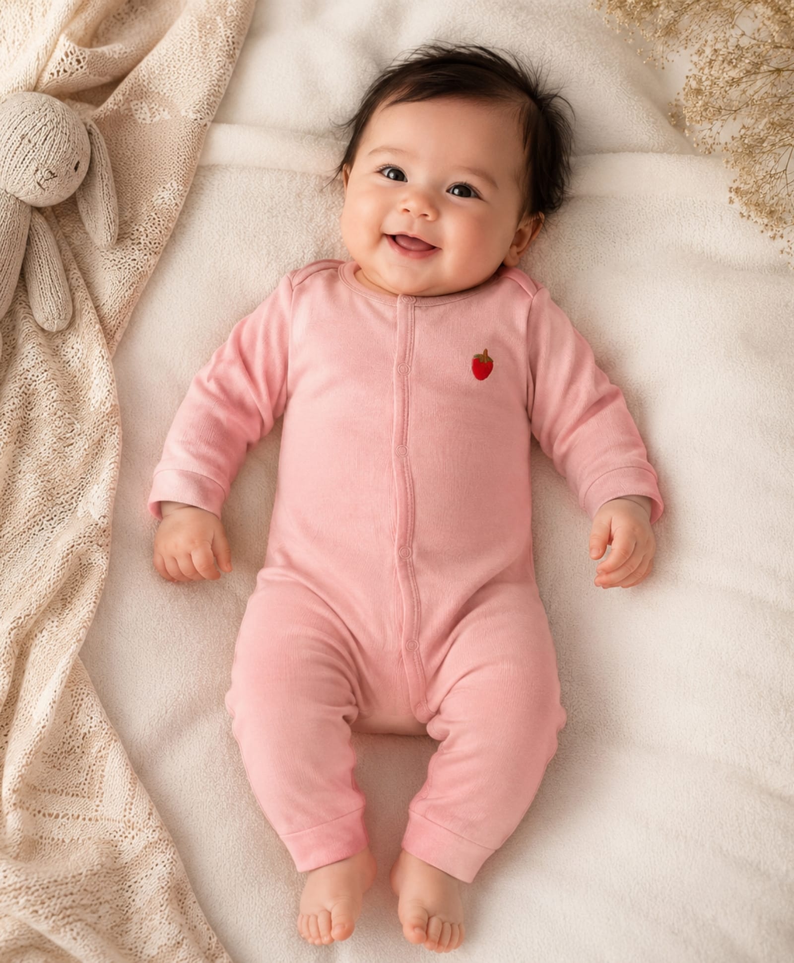 My Milestones 100% Cotton Full Sleeves Strawberry Embroidered Romper - Peach-picture-5