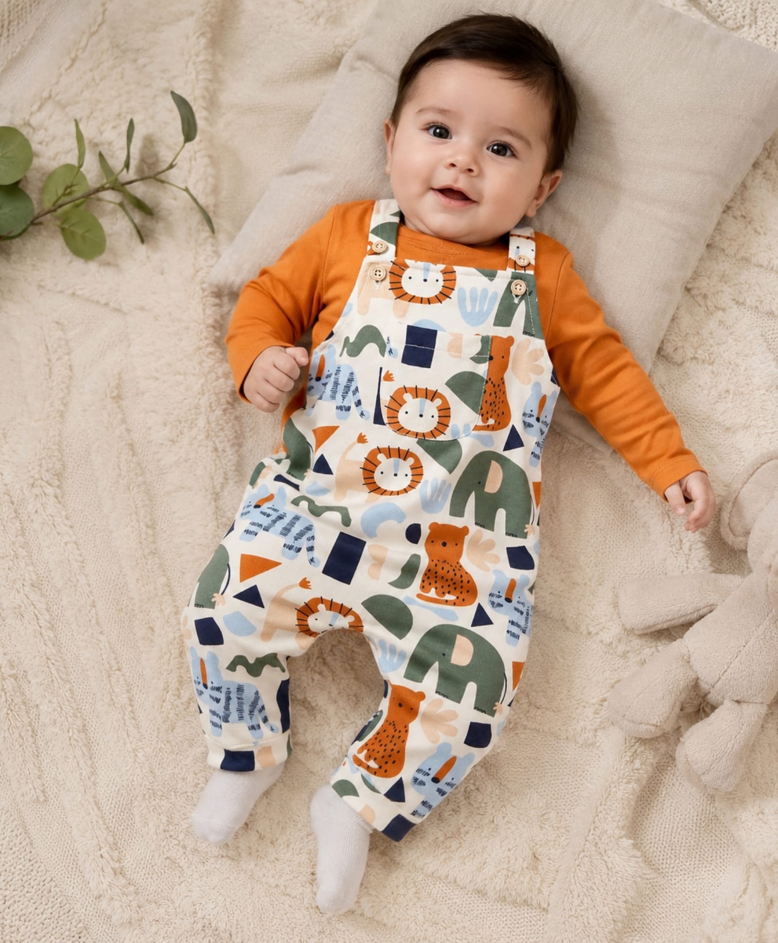My Milestones 100% Cotton Animals Printed & Pocket Detailed Dungaree With Full Sleeves Lion Patch Printed Tee Set - Orange & Cream-image-25