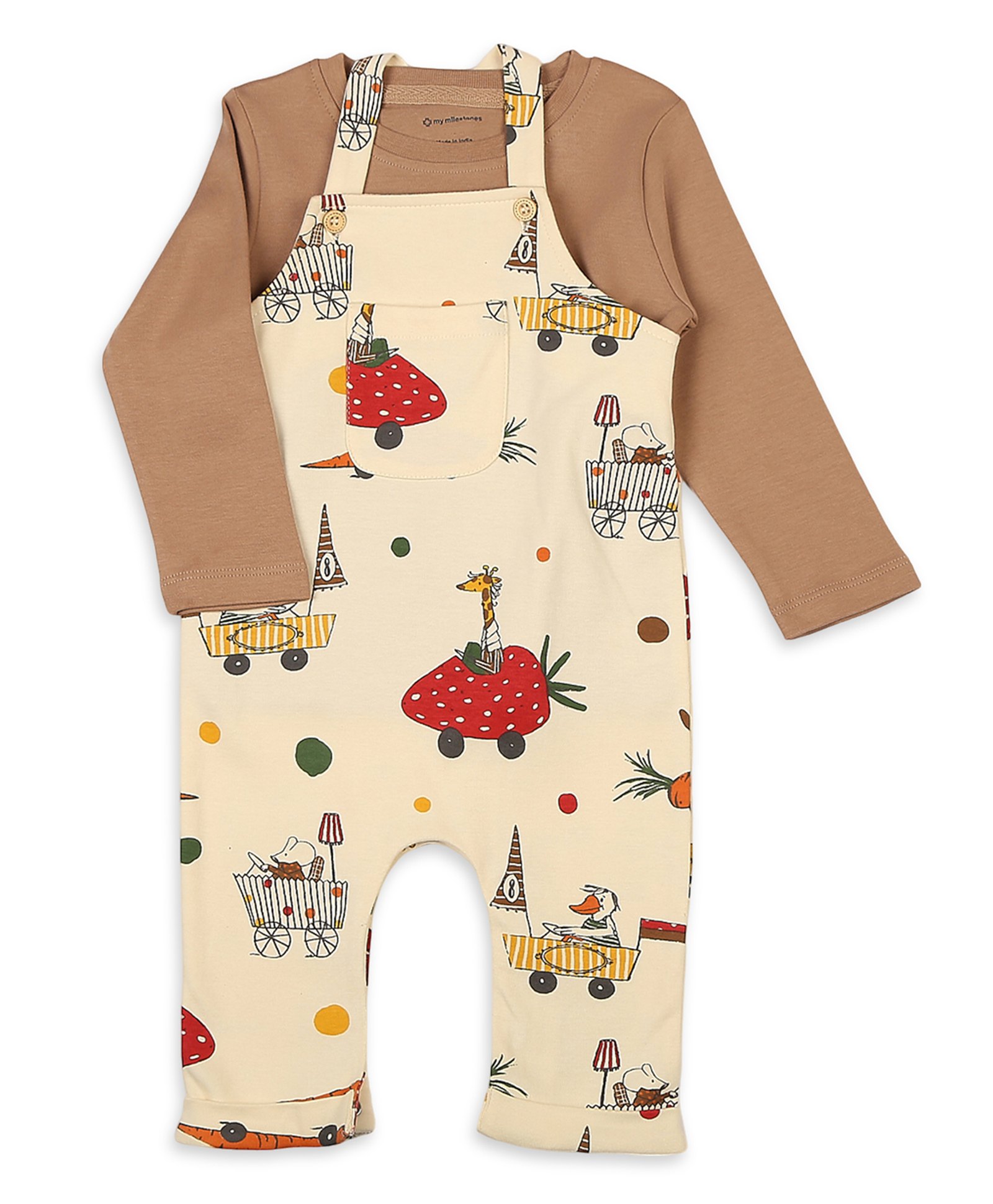 My Milestones 100% Cotton Animals Printed & Pocket Detailed Dungaree With Full Sleeves Solid Tee Set - Tan & Cream-picture-20