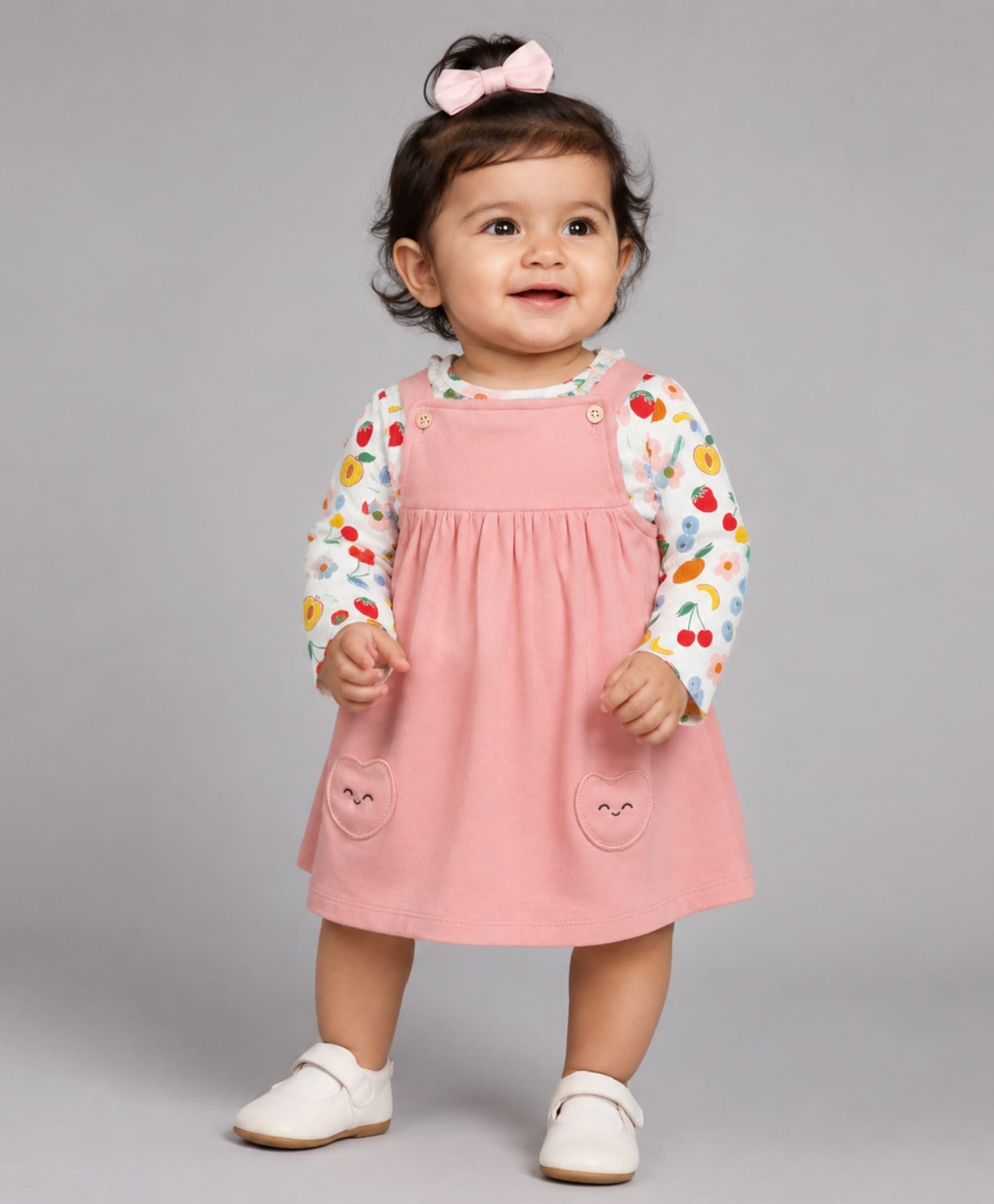 My Milestones 100% Cotton Pockets Detailed Dungaree Dress With Full Sleeves Floral & Fruits Printed Tee Set - Off White & Peach-image-41