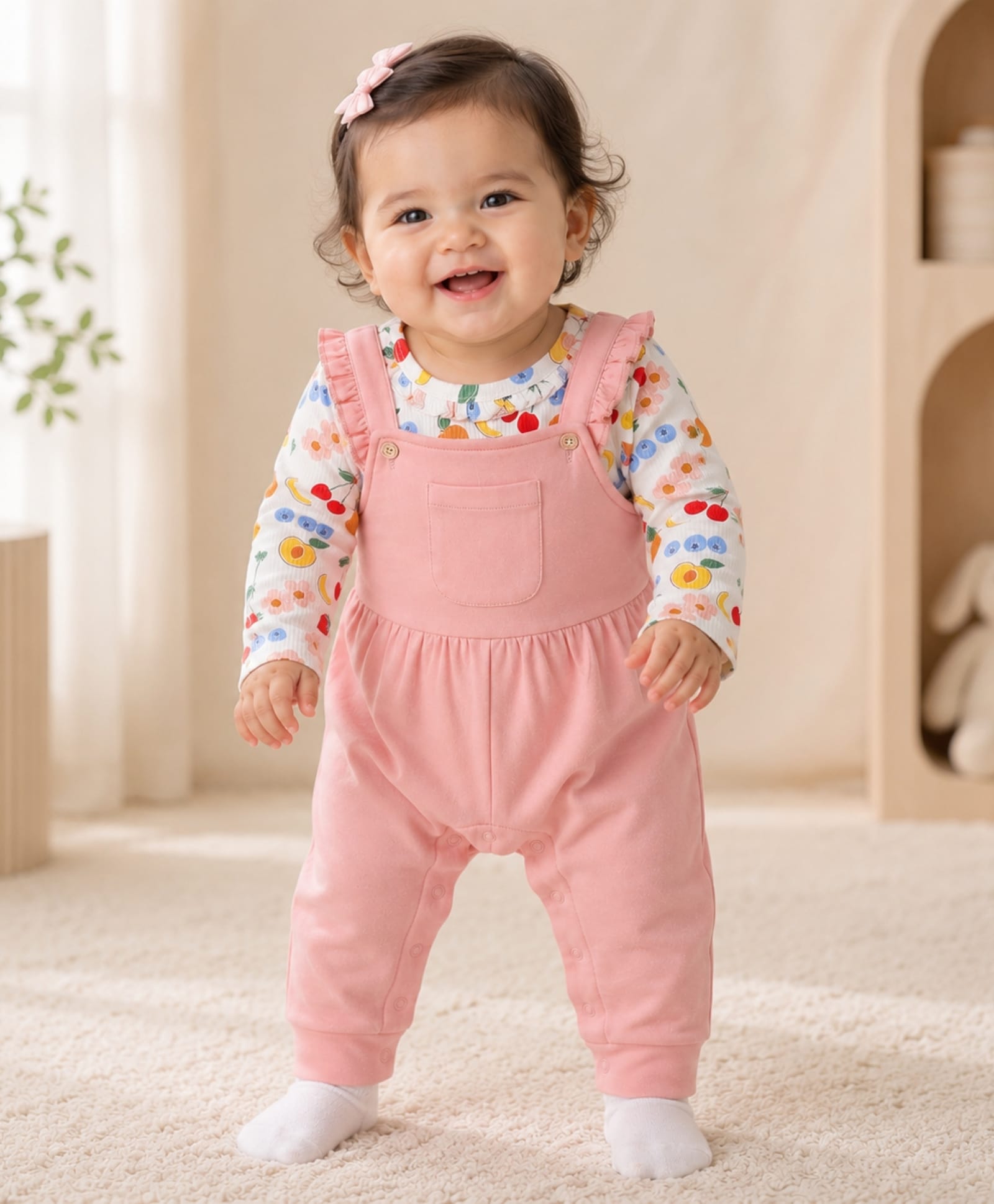 My Milestones 100% Cotton Pocket Detailed Solid Dungaree With Full Sleeves Fruits Printed Tee Set - Off White & Peach-image-45