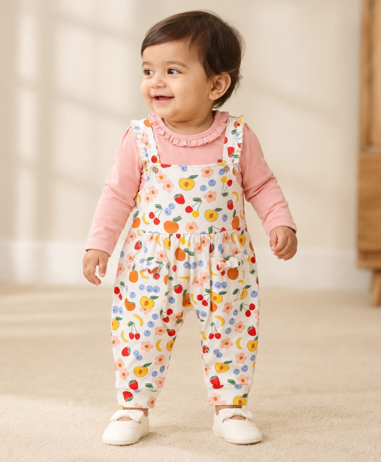 My Milestones 100% Cotton Pocket Detailed Fruits Printed Dungaree With Full Sleeves Cherry Embroidered Tee Set - Off White & Peach-image-34