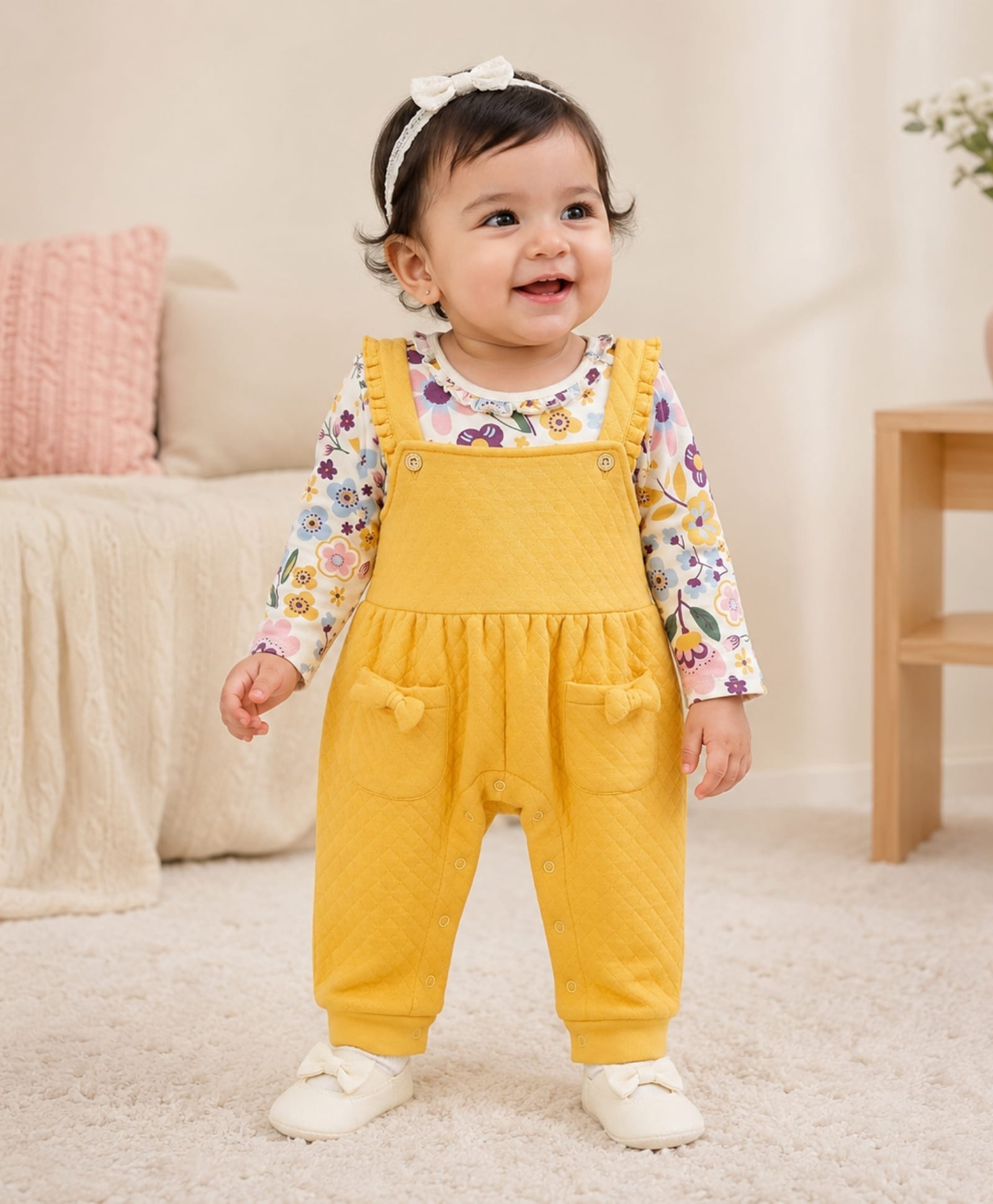 My Milestones 100% Cotton Pockets & Bow Applique Detailed Quilted Dungaree With Full Sleeves Floral Printed Tee Set - Ecru & Yellow-image-12