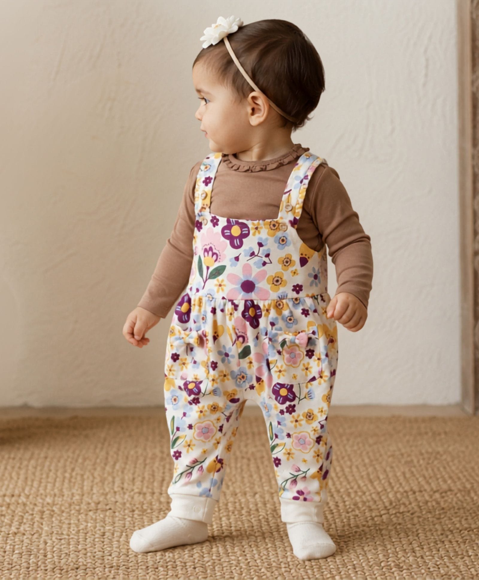 My Milestones 100% Cotton Bow & Pocket Detailed Floral Printed Dungaree With Full Sleeves Solid Tee Set - Ecru & Fawn-picture-16