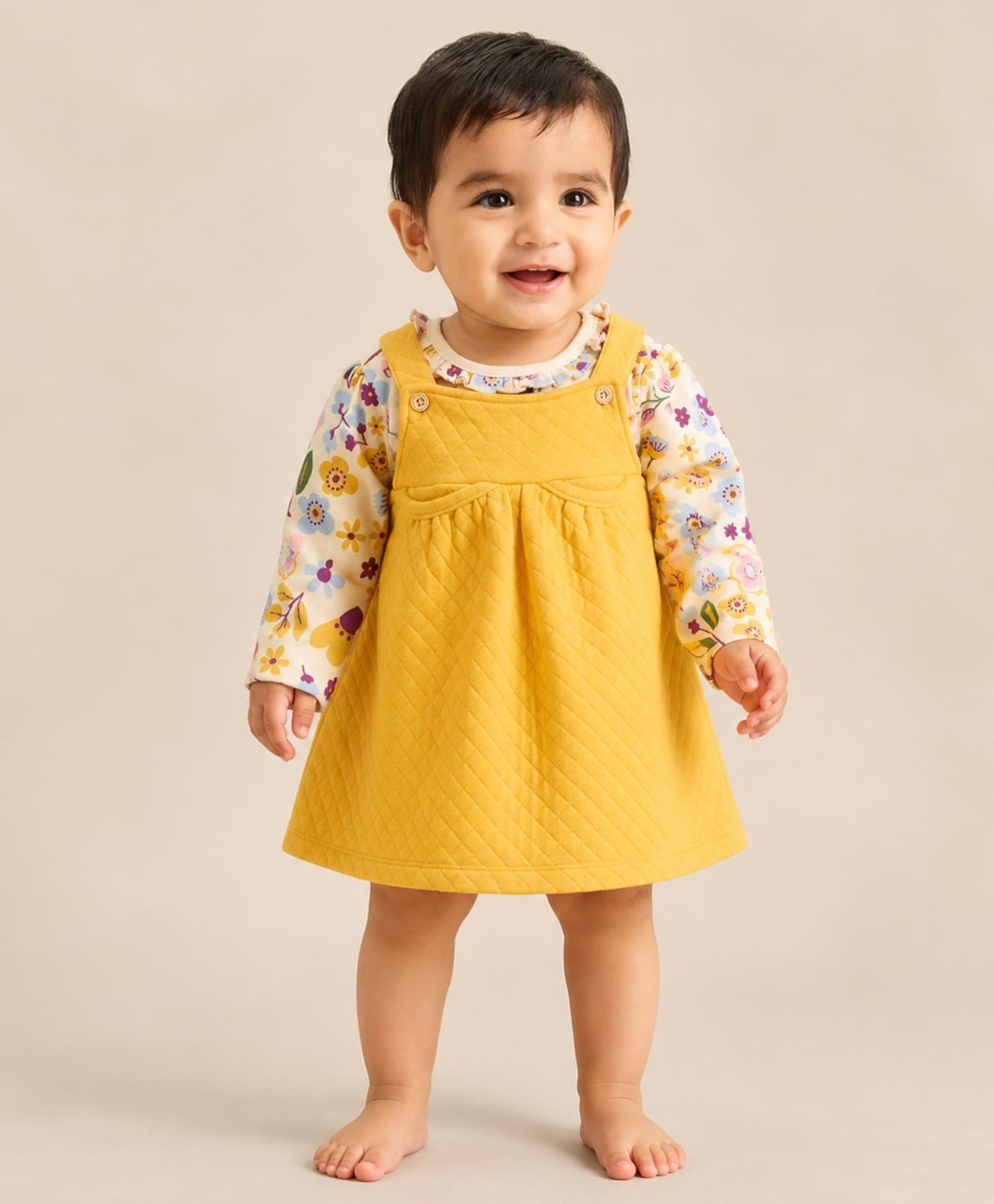 My Milestones 100% Cotton Quilted Dungaree Dress With Full Sleeves Floral Printed Tee Set - Ecru & Yellow-image-25