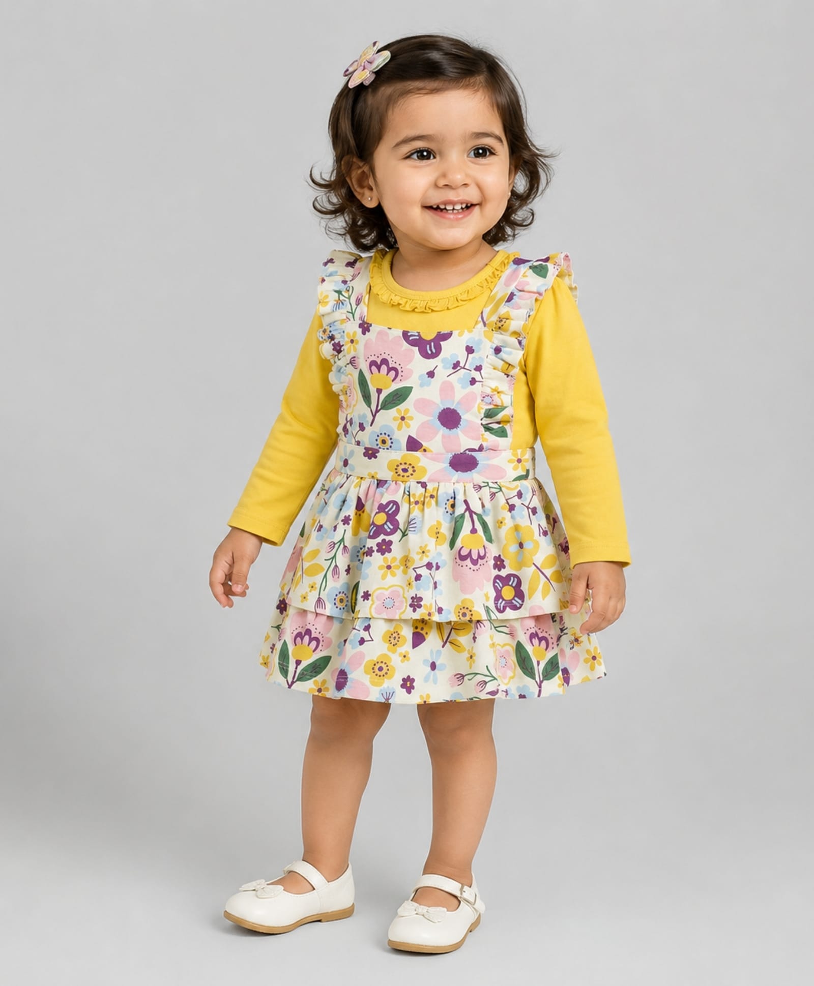 My Milestones Floral Printed Dungaree Dress With Full Sleeves Frill Detailed Solid Tee Set - Ecru & Yellow-picture-22