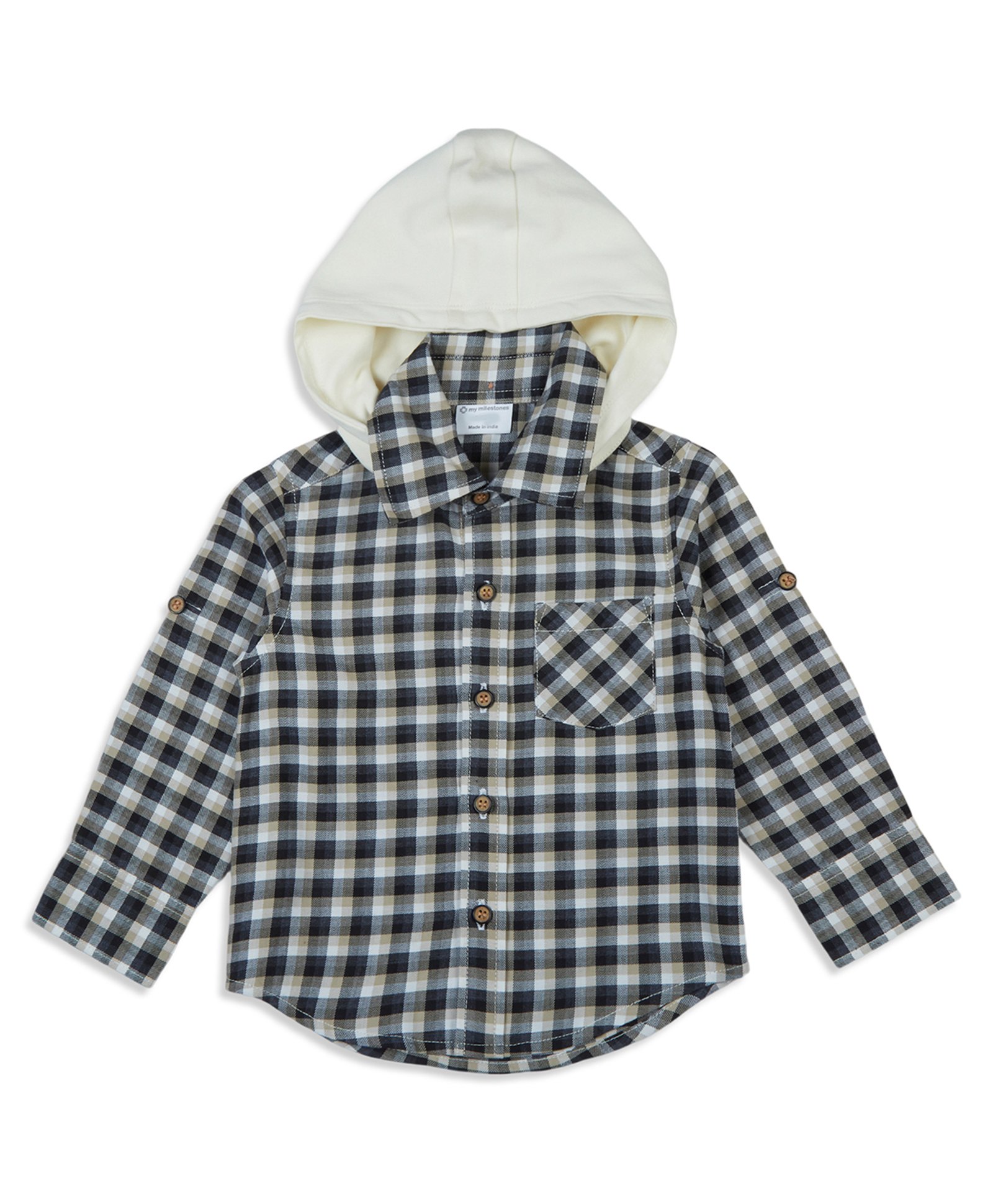 My Milestones Cotton Full Sleeves Checked Shirt With Detachable Hoodie Cap - Black-picture-22
