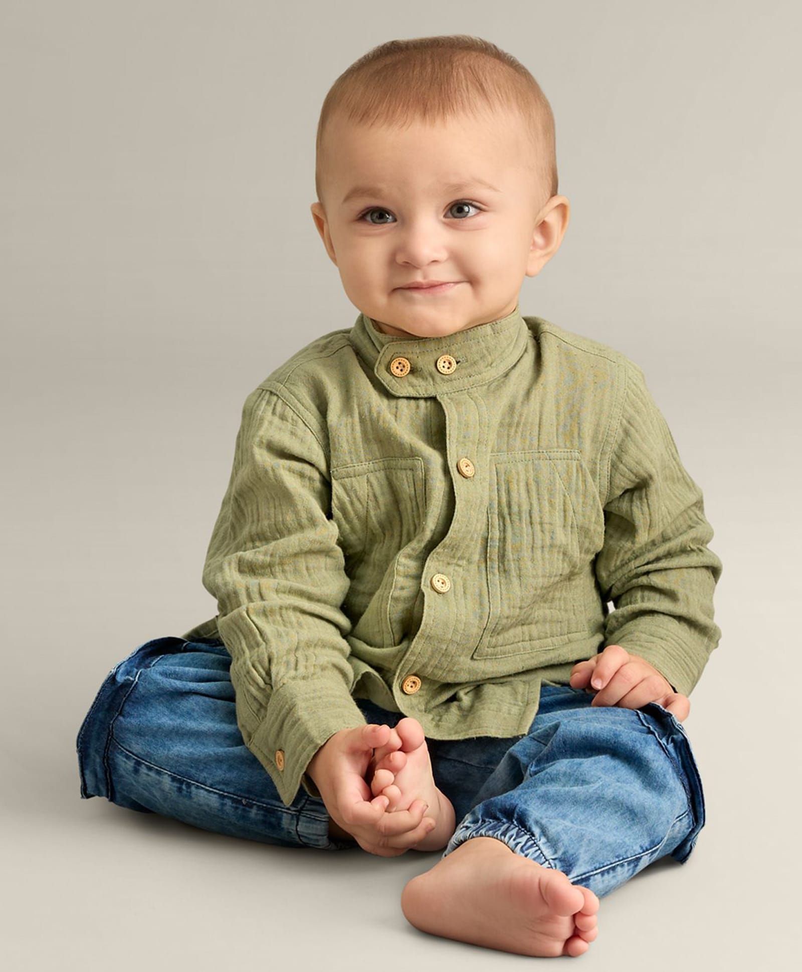 My Milestones Cotton Full Sleeves Self Design Shirt - Green-image-5