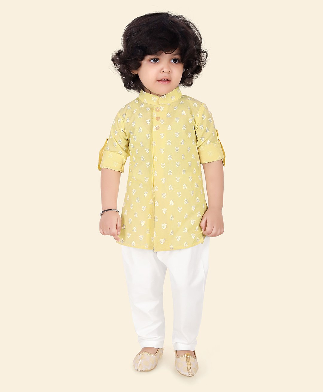 ETHNIKS NEURON Pure Cotton Full Sleeves Floral Motif Printed Kurta With Solid Pyjama Set - Lemon Yellow-image-41