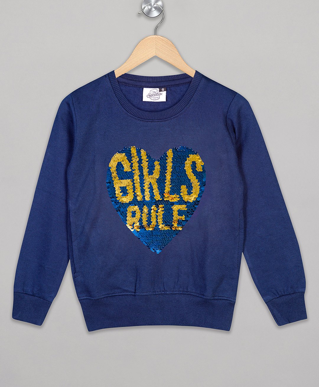 The Sandbox Clothing Co Cotton Full Sleeves Girls Rule Text & Heart Sequins Embellished Designed Sweatshirt - Navy Blue-image-18