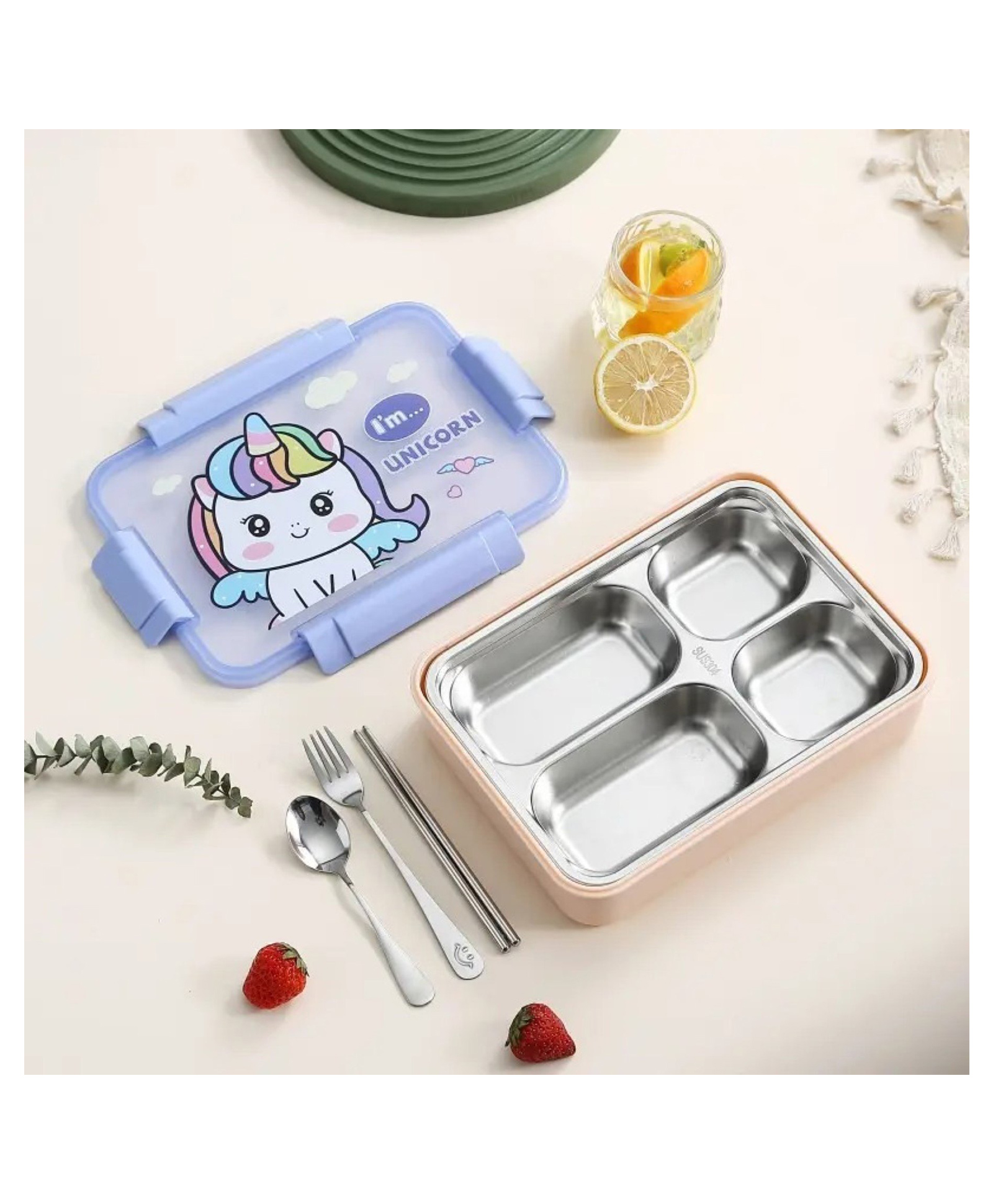 Luvlittle 4 Compartment stainless steel Lunch Box with Lids and Soup Bowl-unicorn (Print And Colour May Vary)-image-38