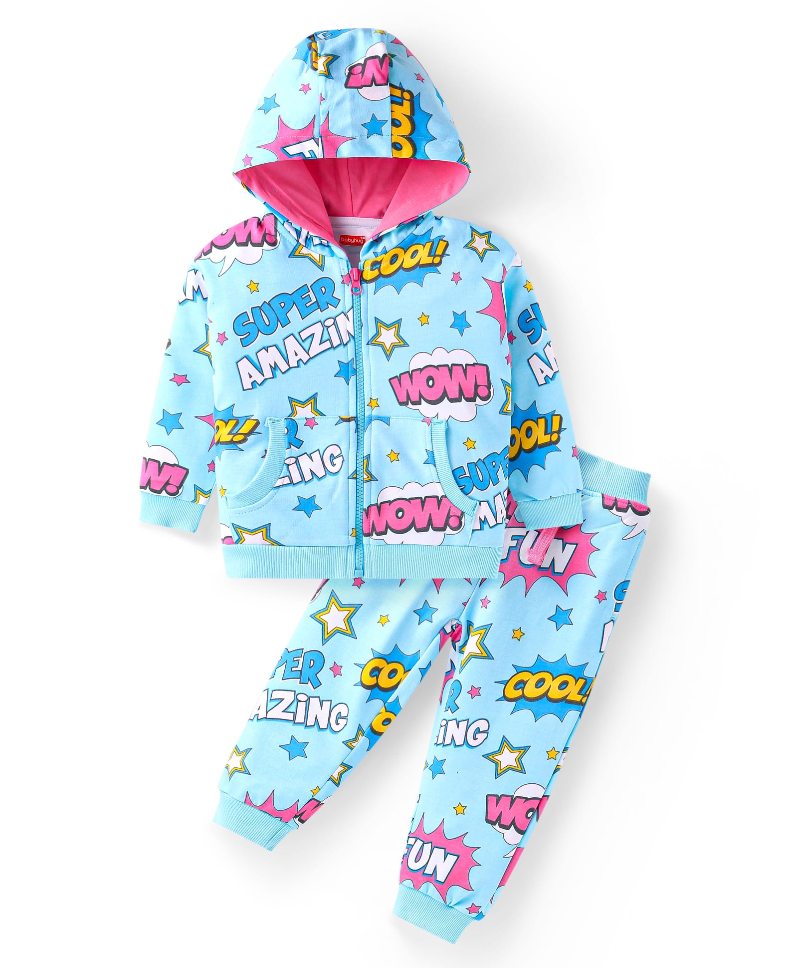 Babyhug Terry Knit Full Sleeves Text PrintedHooded Sweatjacket & Joggers Set with Kangaroo Pockets - Light Blue-picture-33