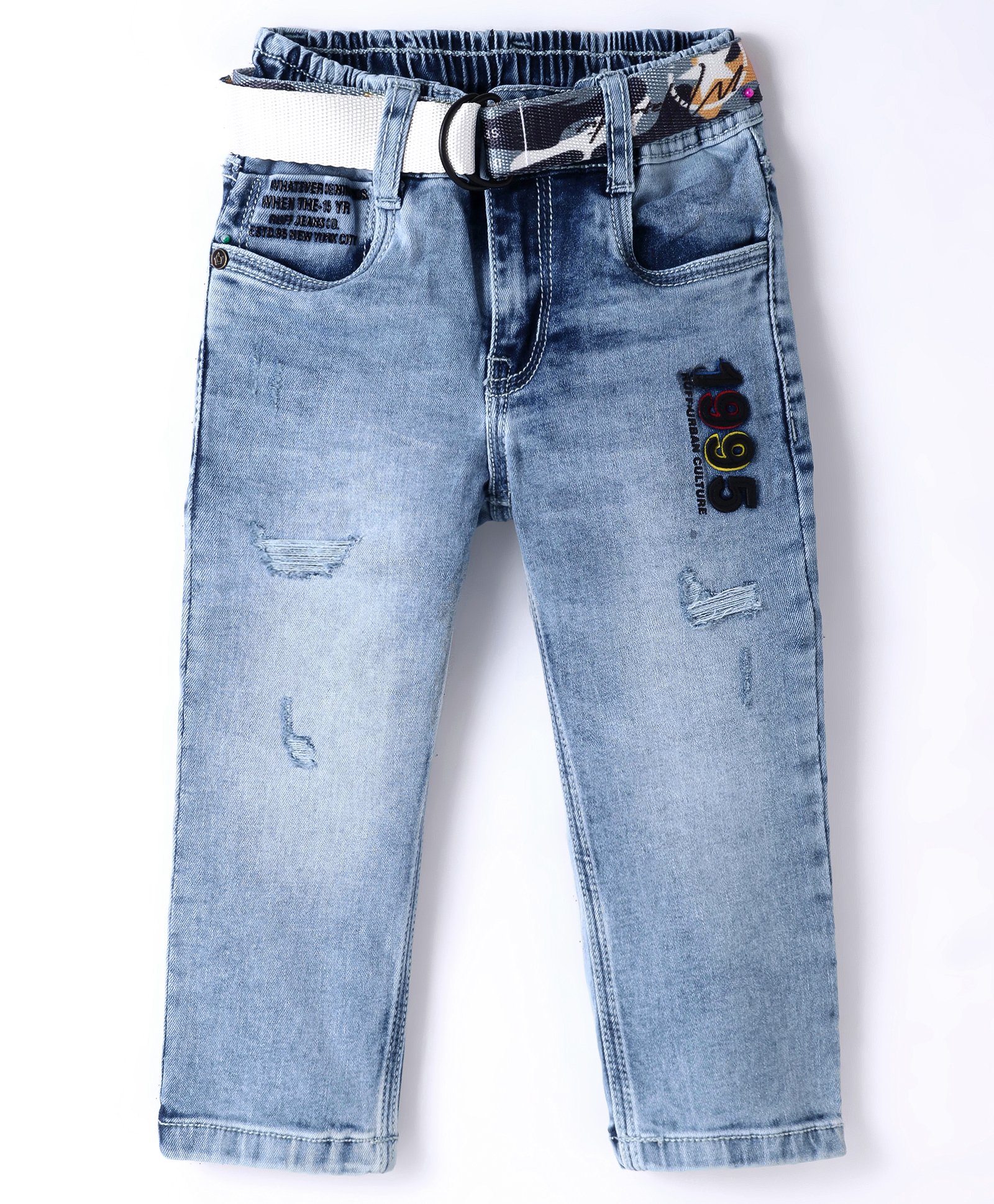 RUFF Woven Full Length Denim Jeans With Text Print - Light Blue-image-13