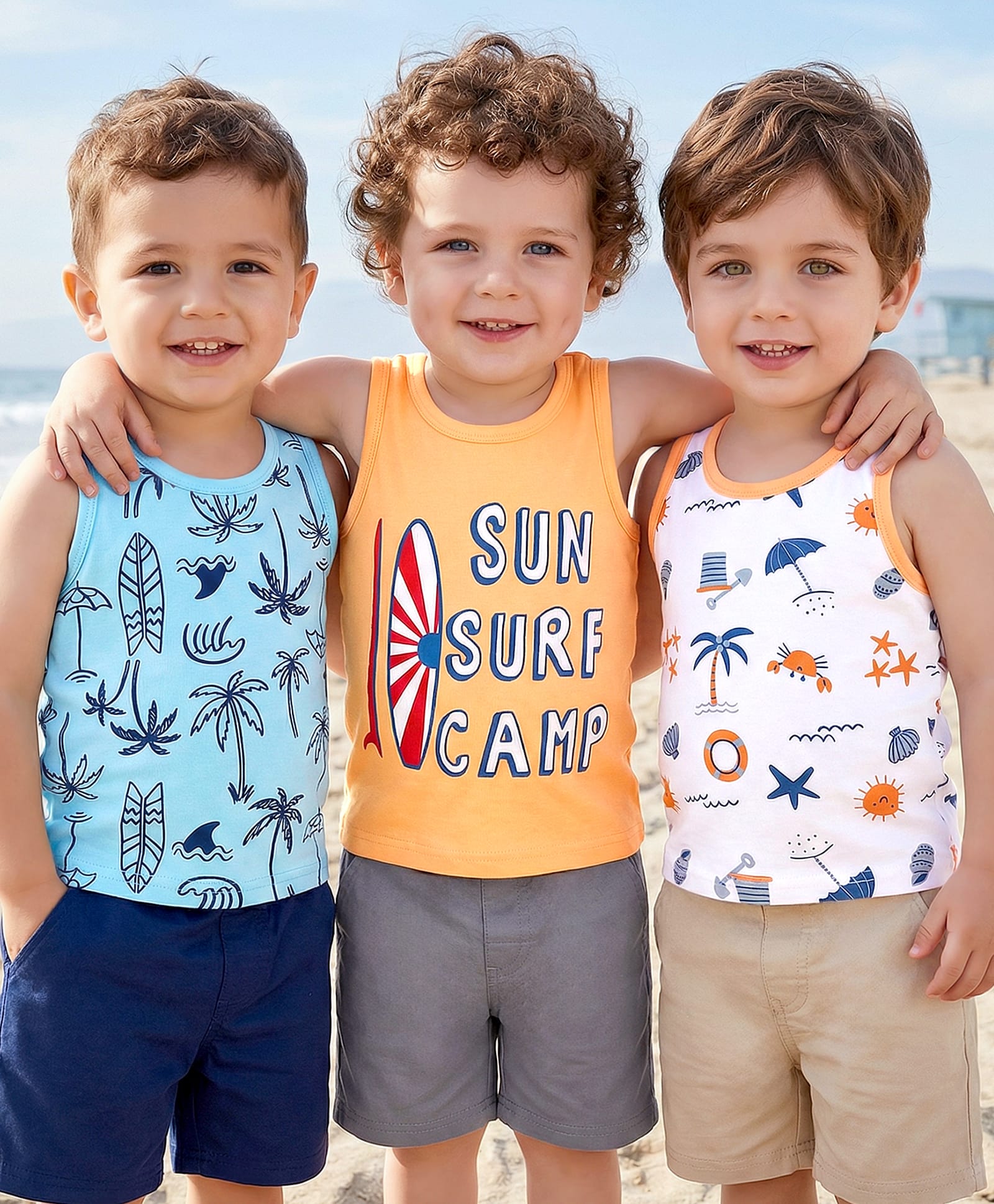 Babyoye Cotton Knit Sleeveless Vests with Beach Theme Print Pack of 3 - Light Blue Peach & White-image-25