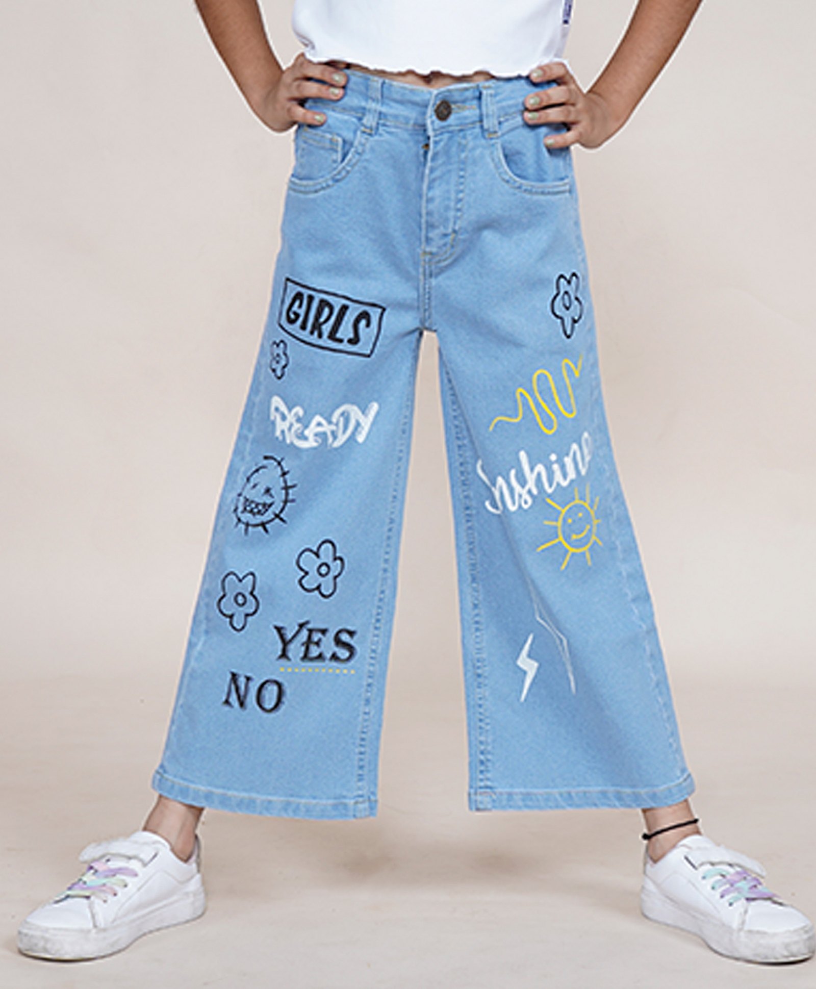Kiddopanti Denim Floral & Text Printed Flared Jeans - Light Blue-picture-16