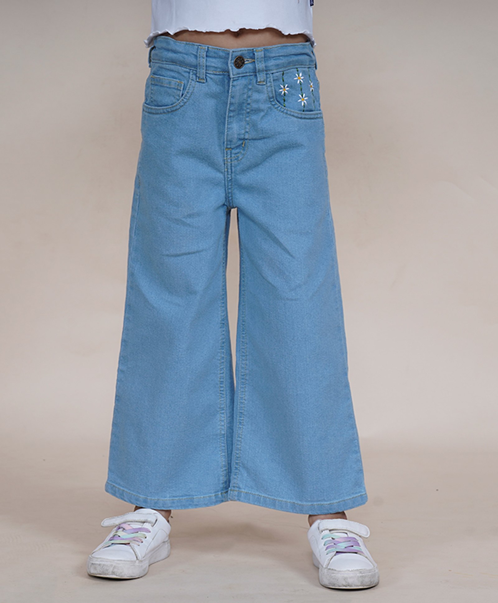 Kiddopanti Denim Floral Embroidered Flared Jeans - Light Blue-picture-14