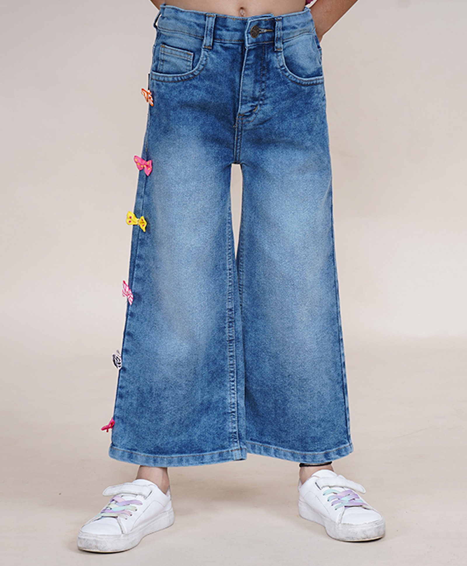 Kiddopanti Denim Bow Applique Detailed Flared Jeans - Blue-image-36