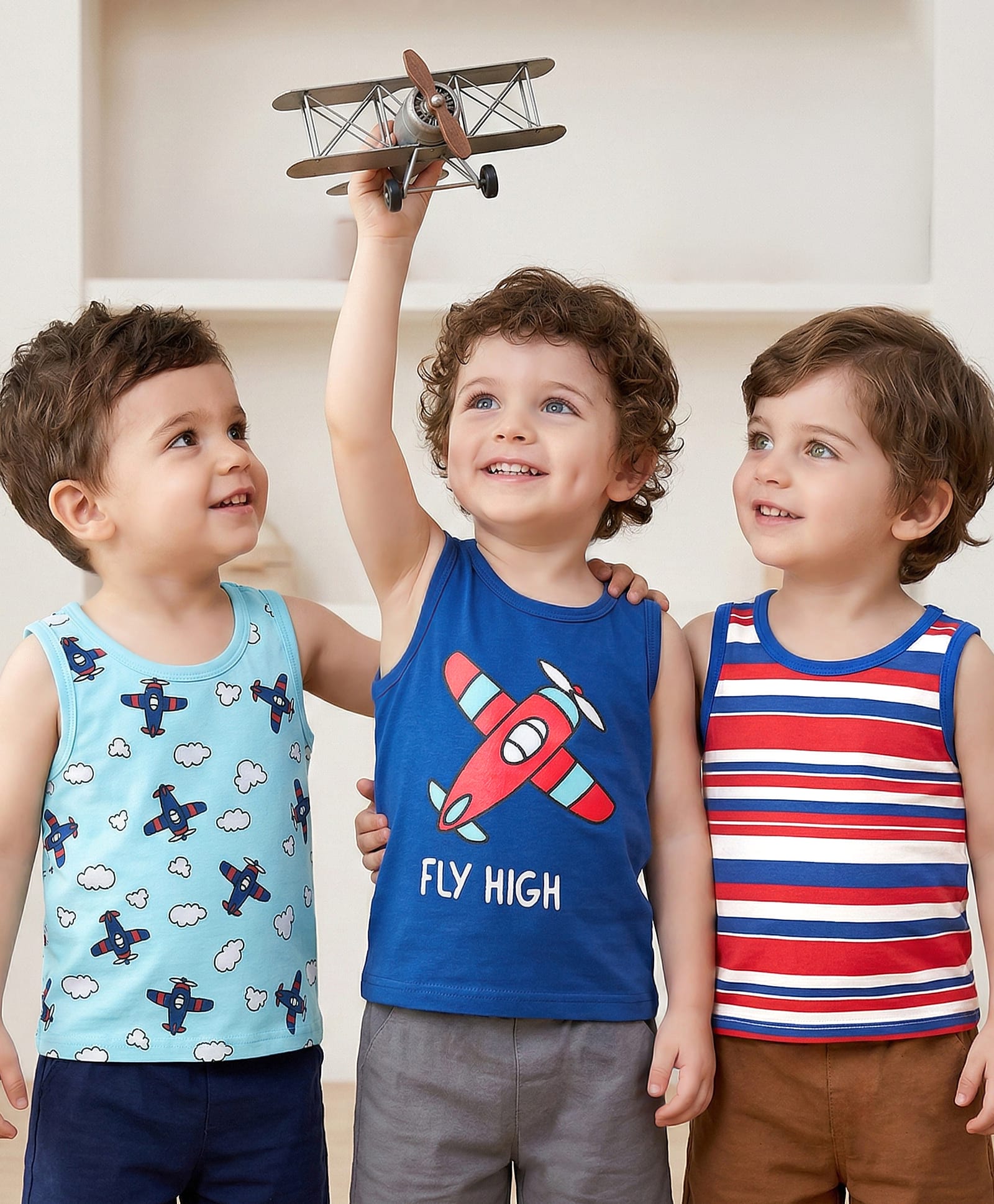 Babyoye Cotton Elastane Knit Sleeveless Vests With Striped & Aeroplane Print Pack Of 3 - Red Blue & Light Blue-image-46