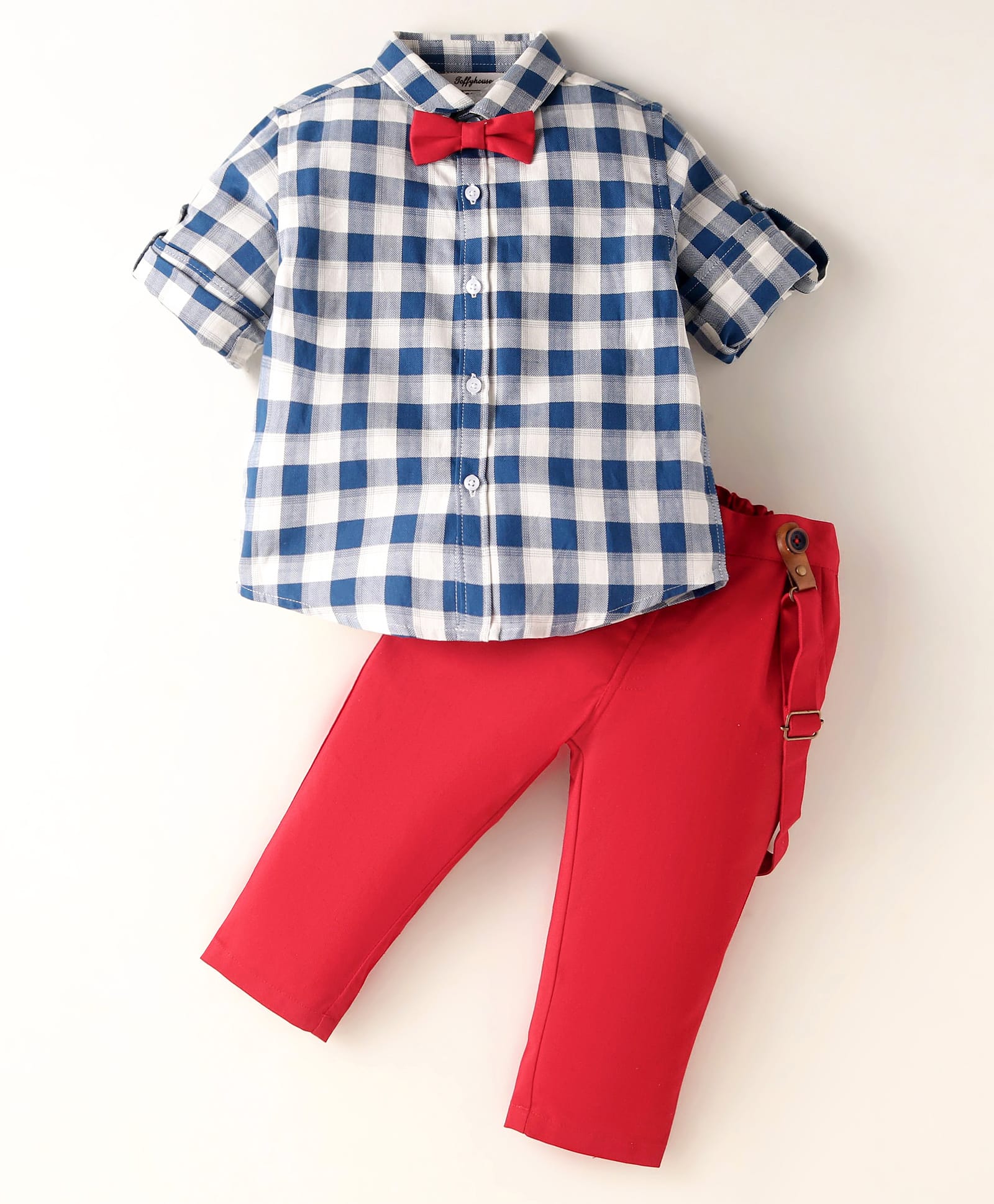 ToffyHouse 100% Cotton Knit Full Sleeves Checks Shirt Trouser with Bow & Suspender - Red & Blue-picture-45