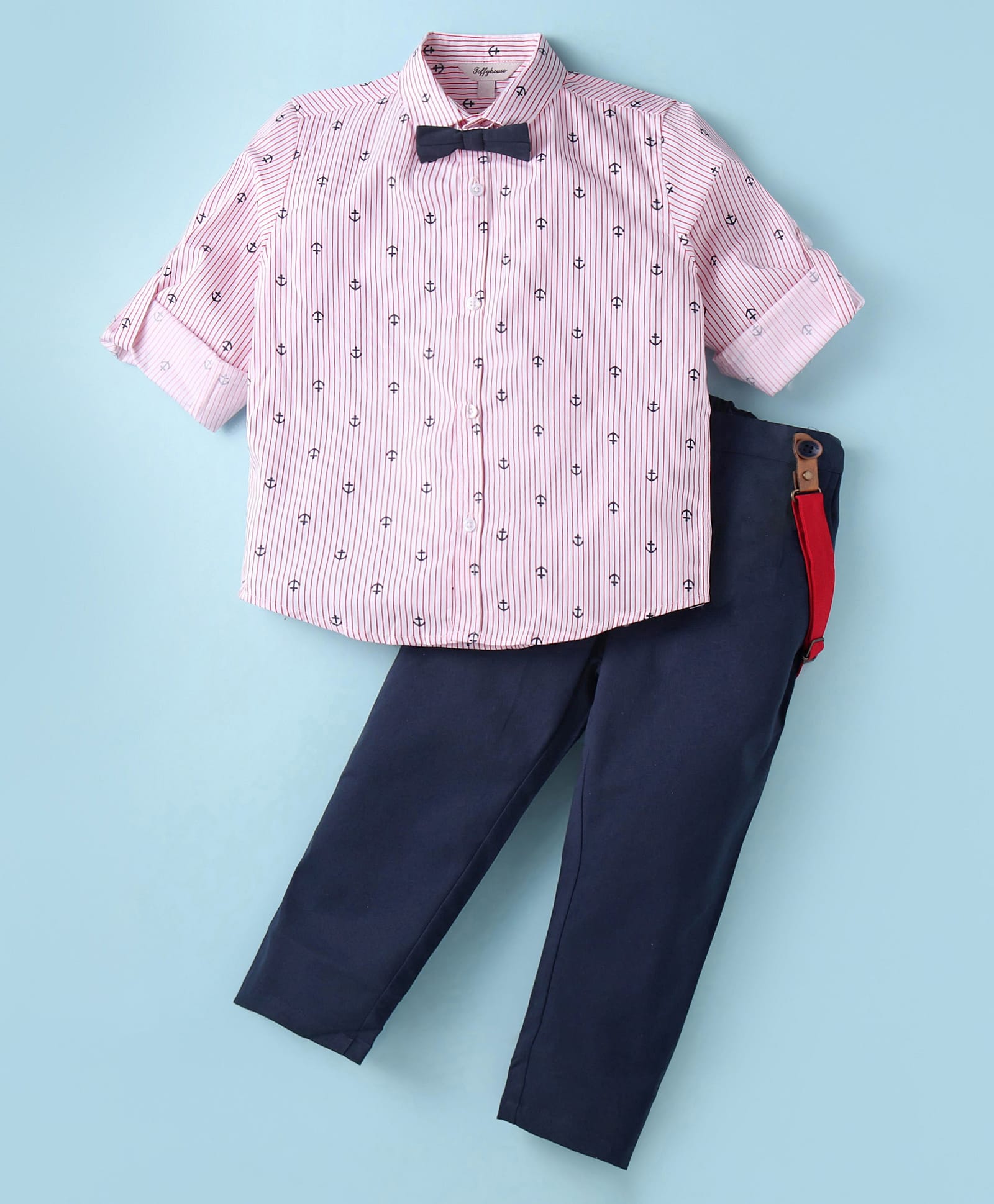 ToffyHouse 100% Cotton Knit Full Sleeves Striped & Nautical Theme Printed Shirt Trouser Set with Bow & Suspender - Navy Blue-image-37