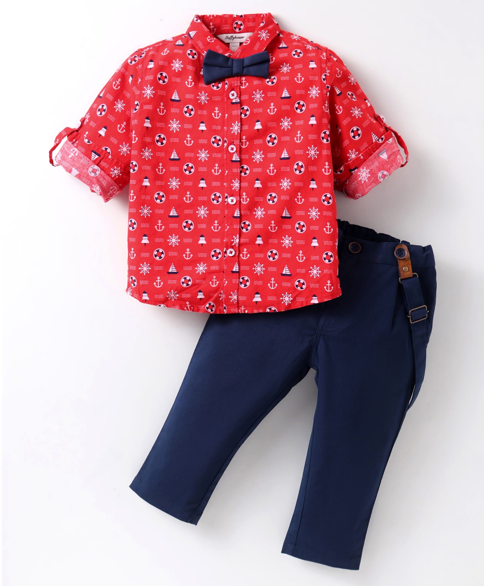 ToffyHouse 100% Cotton Knit Full Sleeves Nautical Theme Printed Shirt Trouser Set with Bow & Suspender - Navy Blue-picture-10