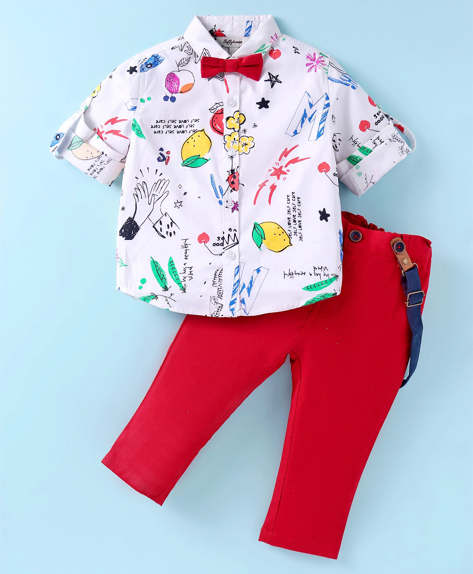 ToffyHouse Cotton Knit Full Sleeves Printed Shirt & Trouser With Bow & Suspender - White & Red-image-39