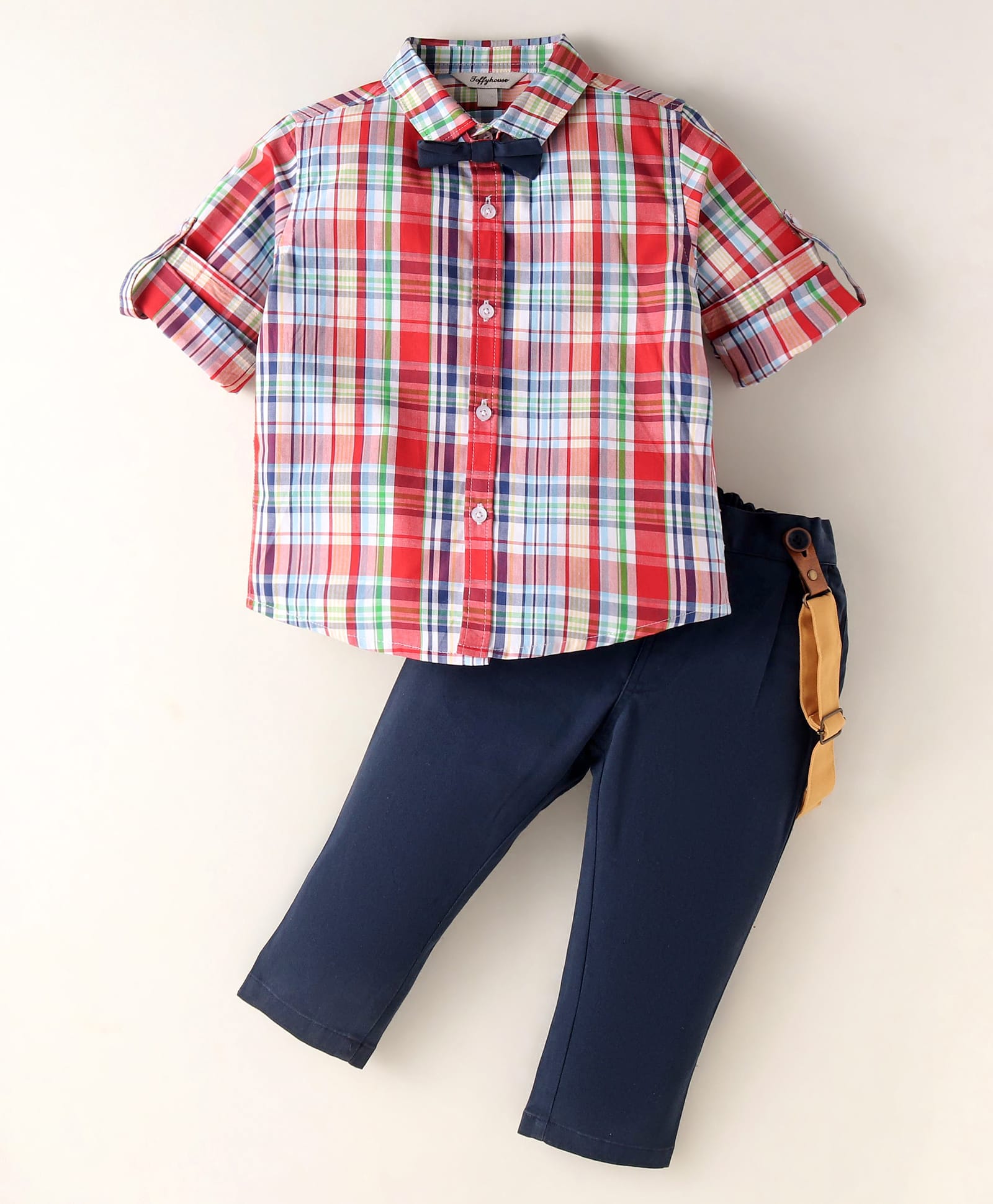 ToffyHouse 100% Cotton Knit Full Sleeves Checkered Shirt Trouser Set with Bow & Suspender - Navy Blue-image-36