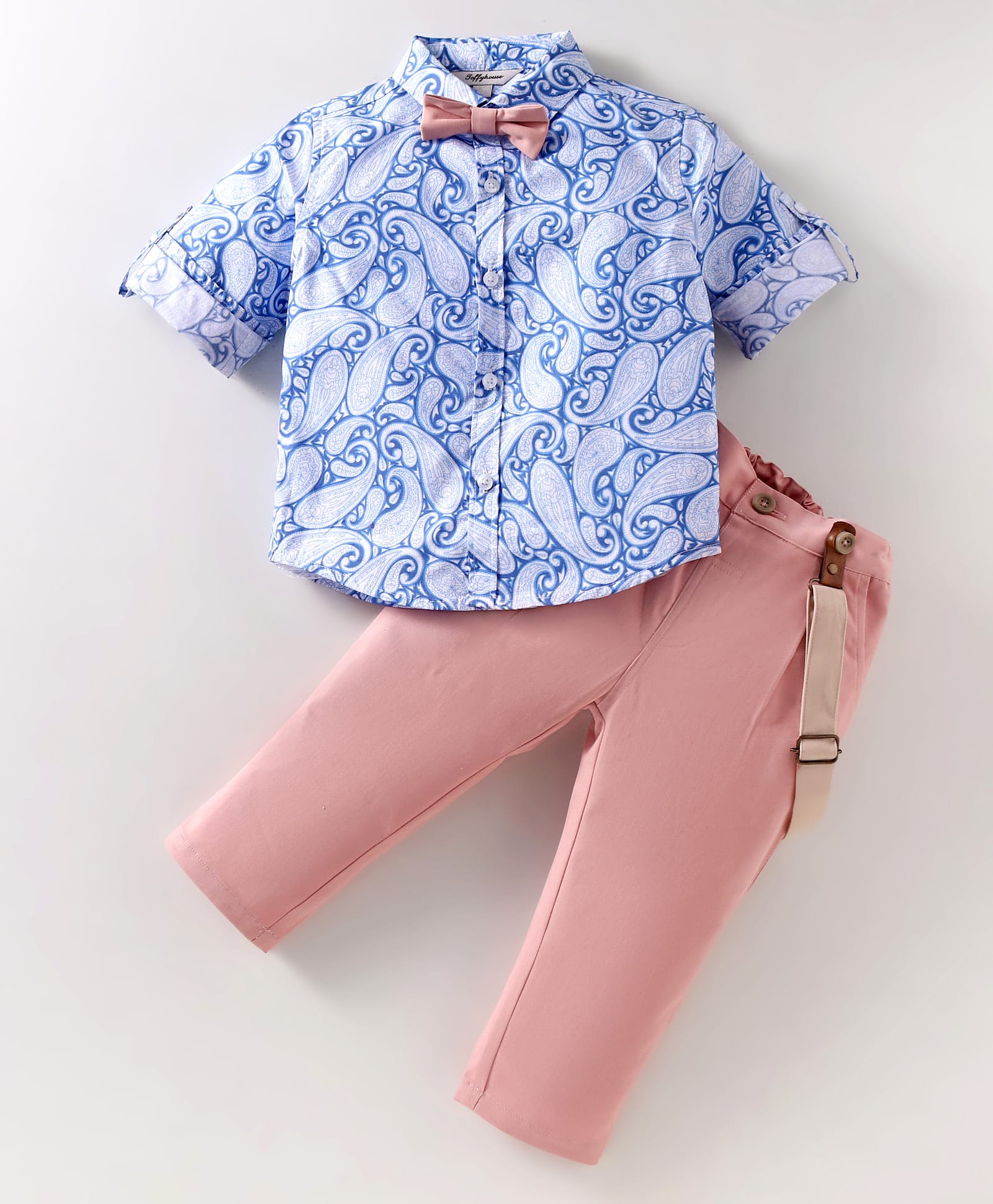 ToffyHouse Cotton Knit Full Sleeves Printed Shirt & Trouser With Bow & Suspender - White Blue & Pink-image-39