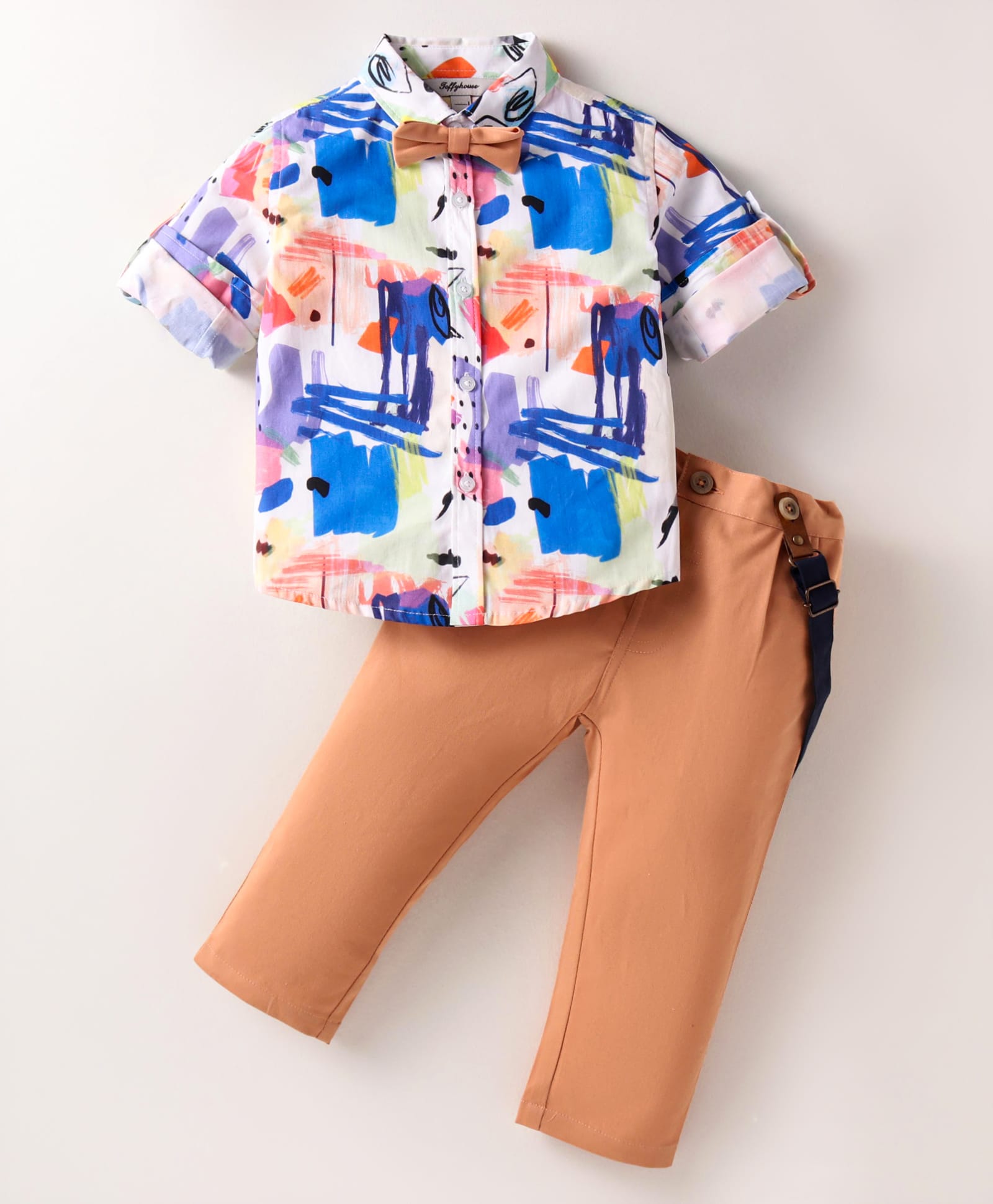 ToffyHouse Cotton Knit Full Sleeves Printed Shirt & Trouser With Bow & Suspender - White & Tan-image-17