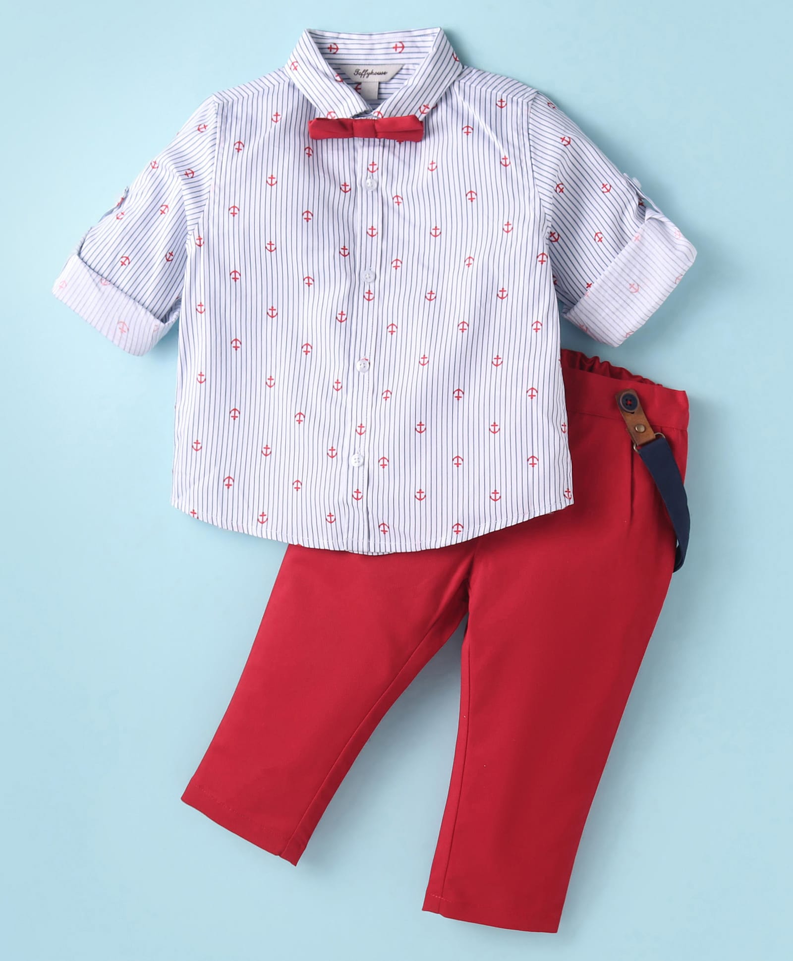 ToffyHouse 100% Cotton Knit Full Sleeves Striped & Nautical Theme Printed Shirt Trouser Set with Suspender & Bow - Red-image-28