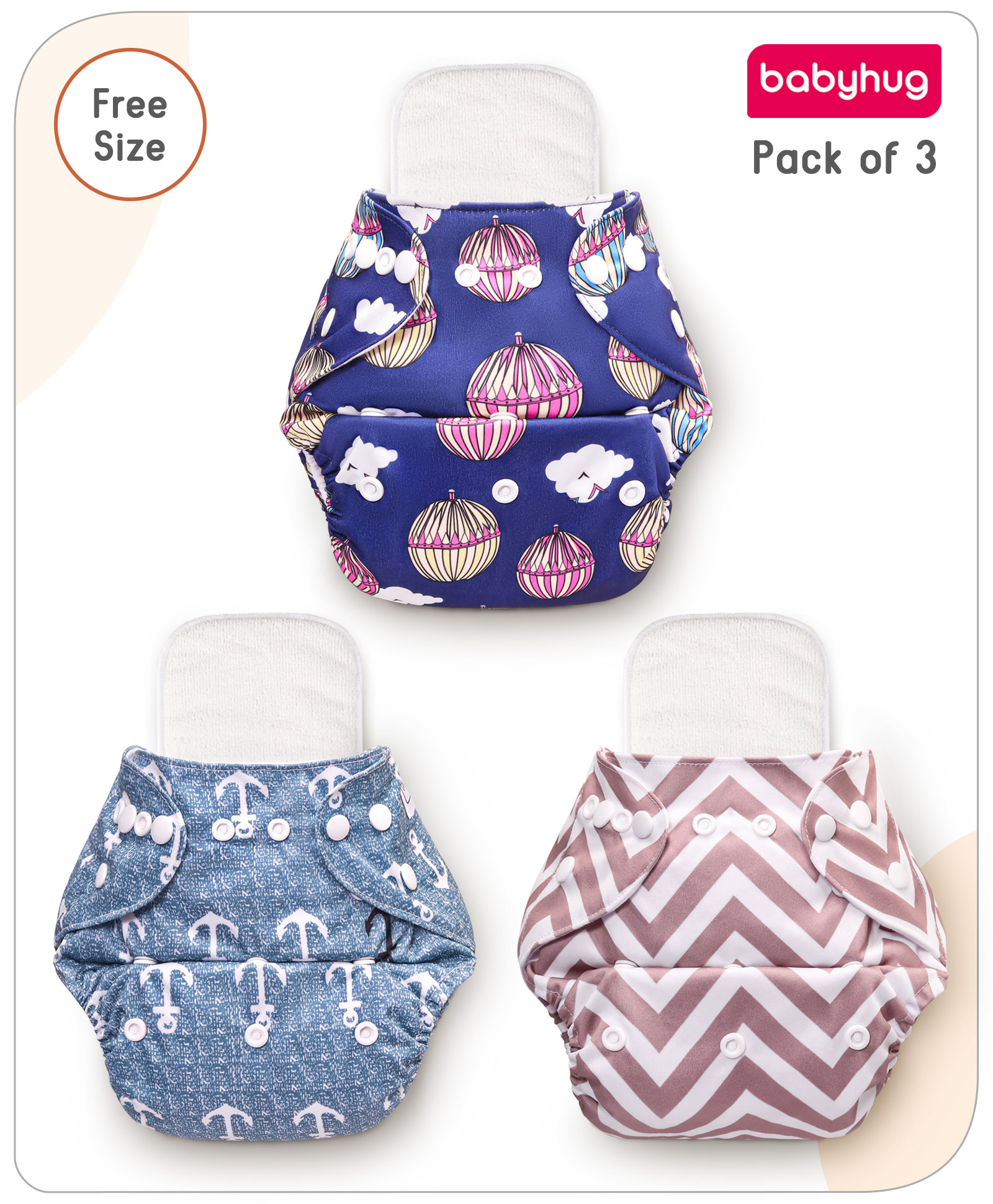 Babyhug Reusable Cloth Diaper With Insert Zigzag Anchor Baloon Prints Packof 3 - Blue-image-11