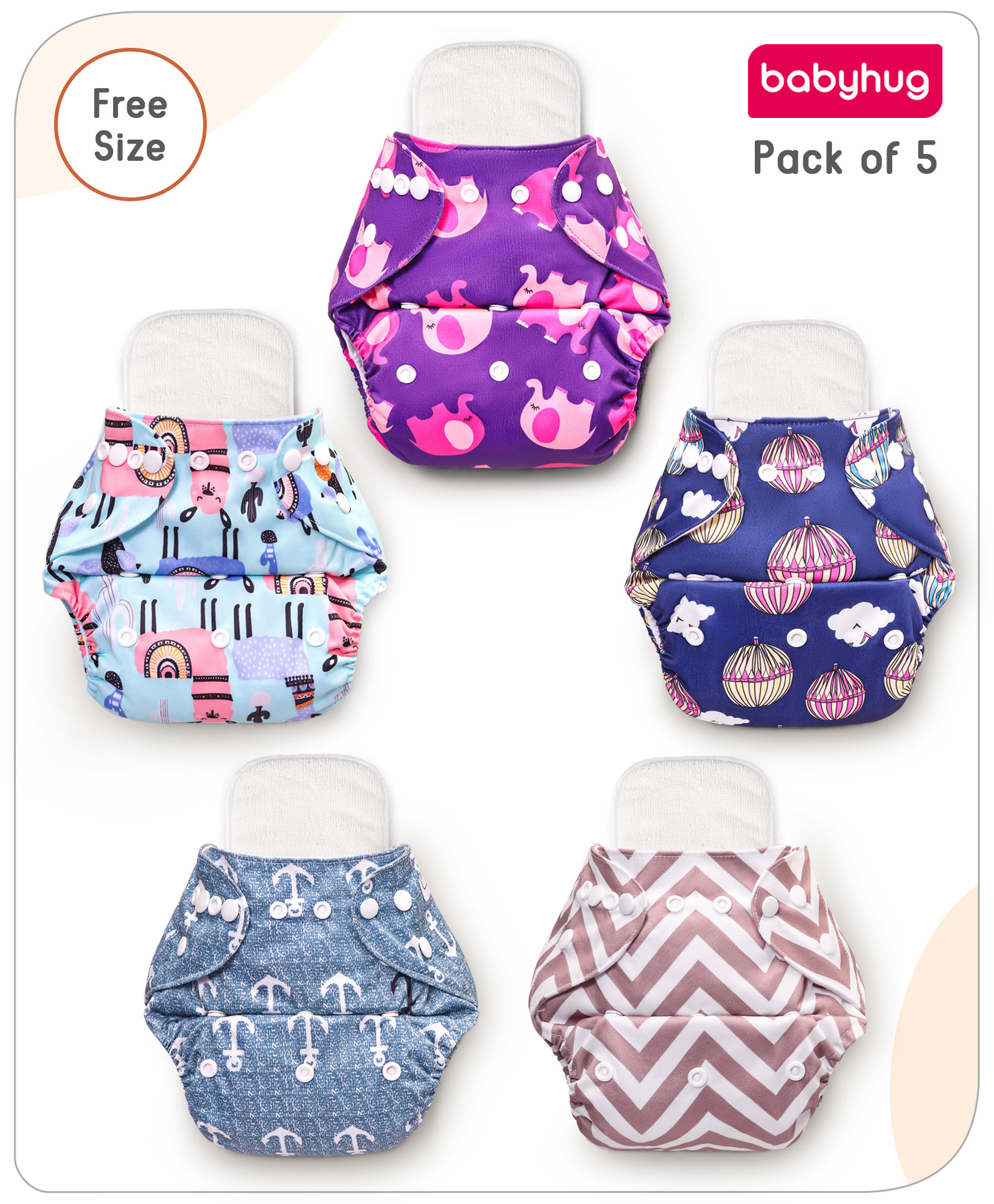 Babyhug Reusable Cloth Diaper With Insert & Elephant Print Packof 5 - Purple-image-36