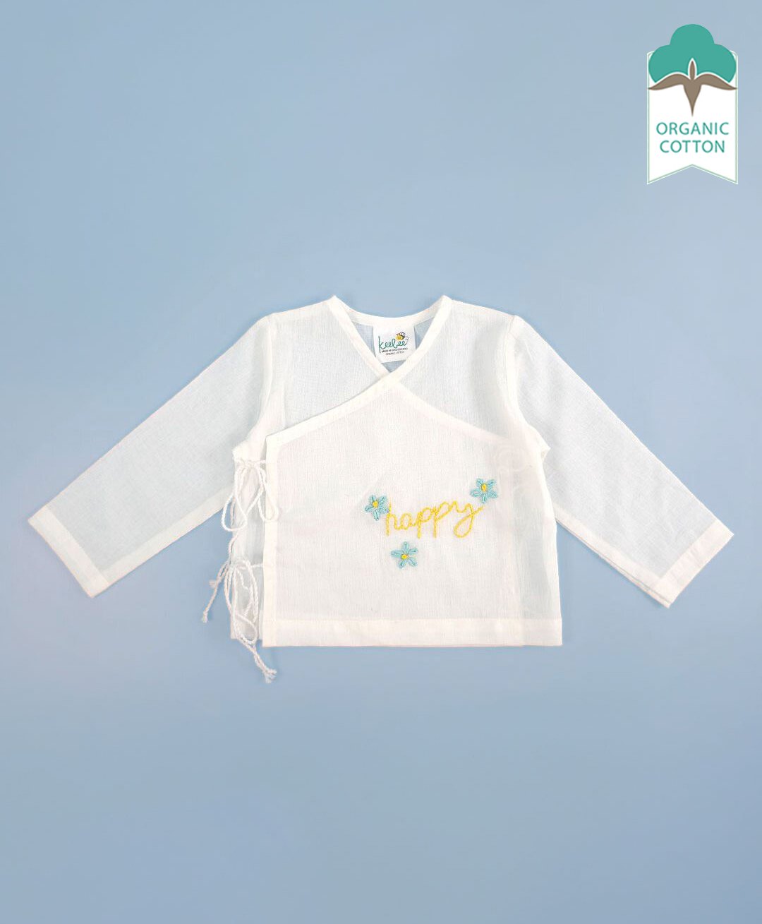 Keebee Organics Organic Cotton Full Sleeves Happy Text Embroidered Jhabla - White-picture-27