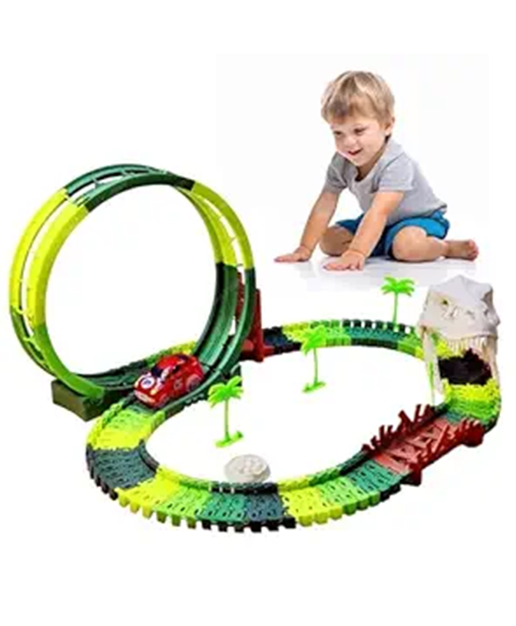 Azhari Dinosaur Theme Flexible Track Racing Toy Set with LED Racing Car 110 Pcs Color May Vary-image-25