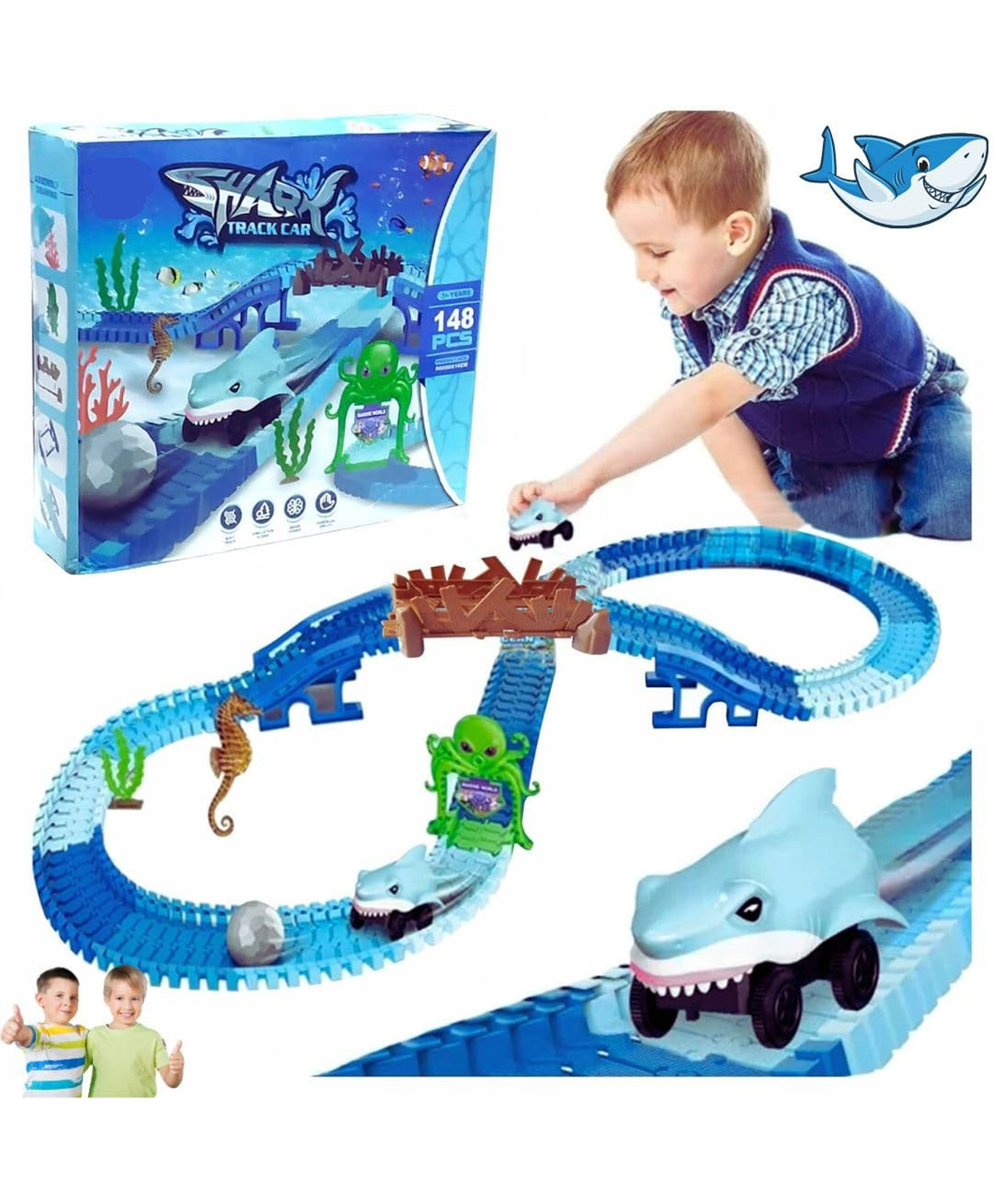 Azhari Battery Operated 148PCs Shark Track Car Set Toys for KidsColor May Vary-image-45