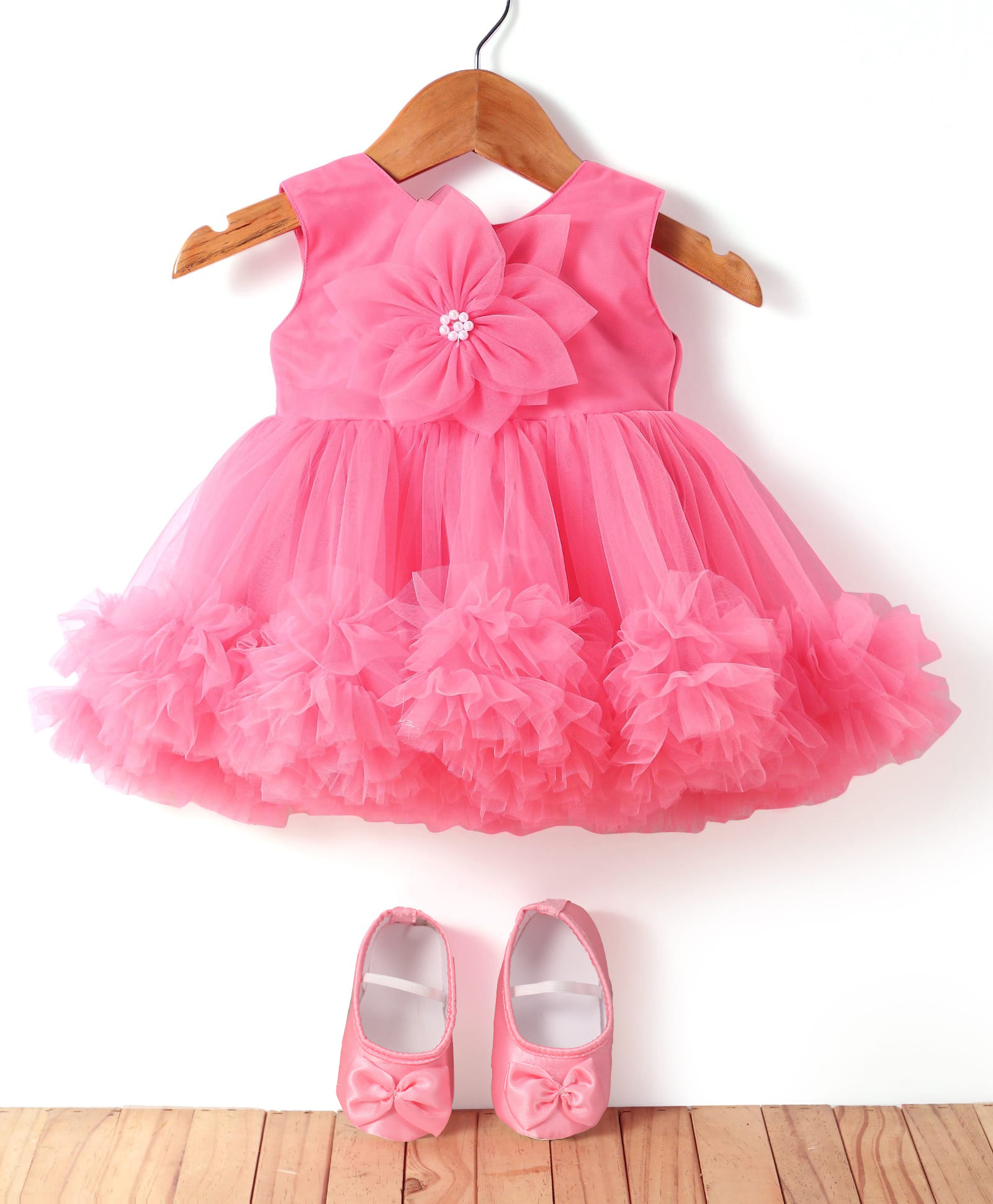 Bluebell Net Woven Sleeveless Party Frock with Pair of Booties Floral Detailing & Applique - Dark Pink-image-28