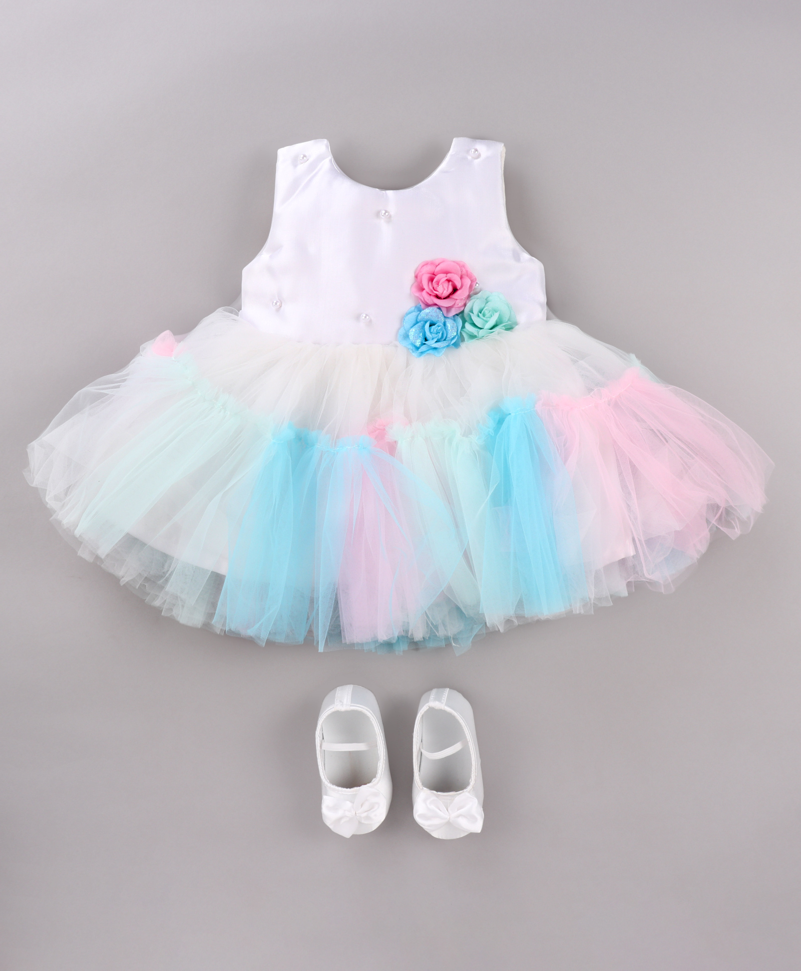 Bluebell Satin Sleeveless Party Frock and Booties with Floral Applique & Pearl Beads - Offwhite-image-48