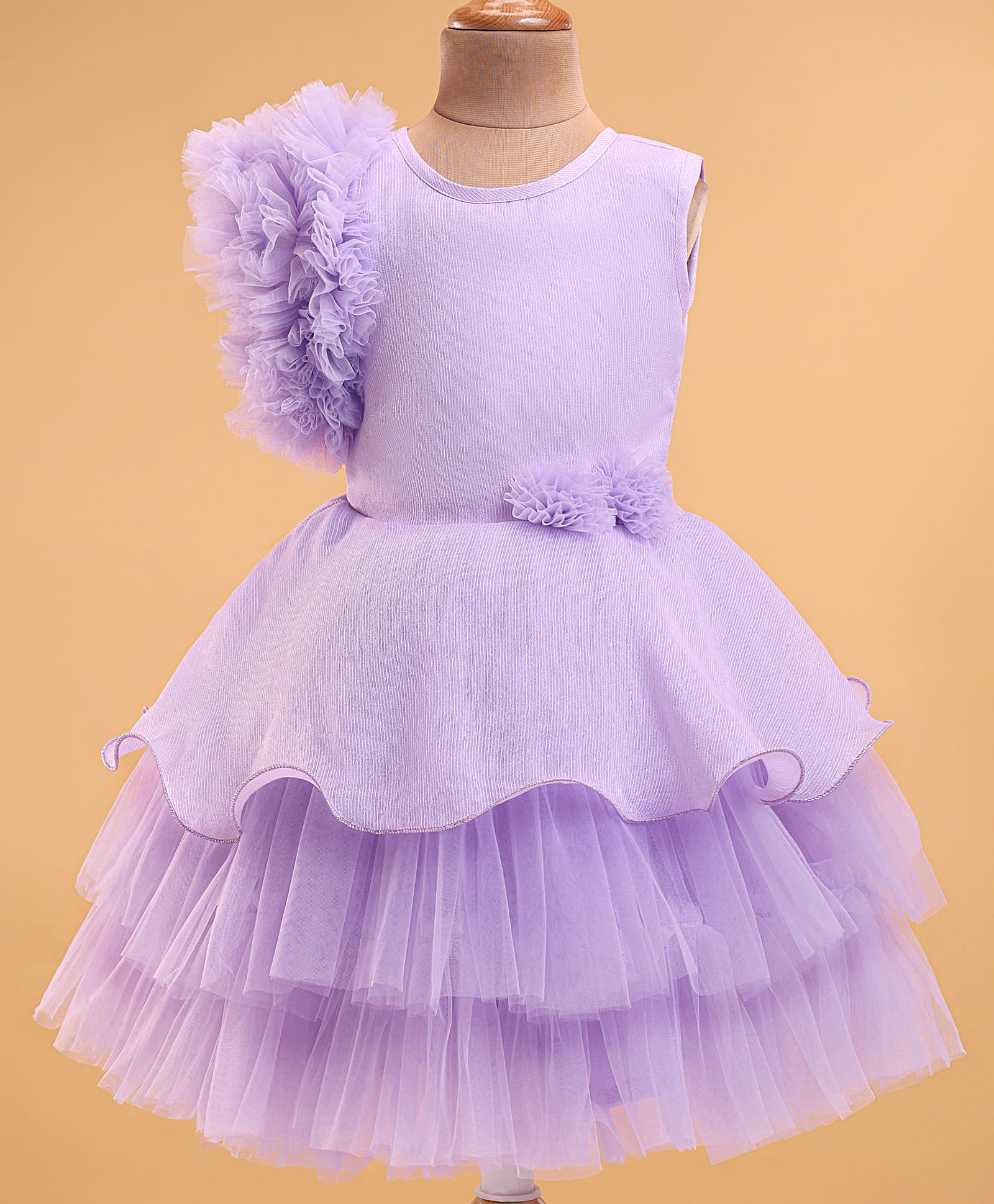 Bluebell Net Woven Sleeveless Layered Textured Party Frock with Bow &Frill Detailing - Lilac-image-41