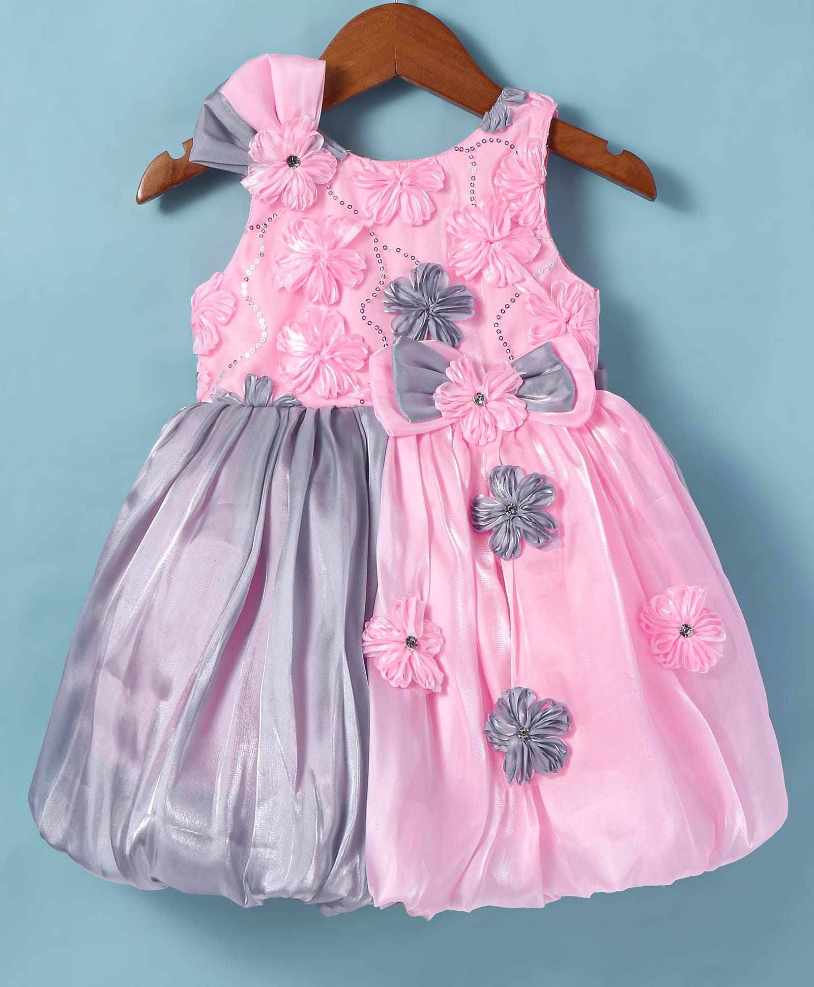 Bluebell Tissue Woven Sleeveless Balloon Party Frock with Floral Applique & BowDetailing- Pink-picture-21