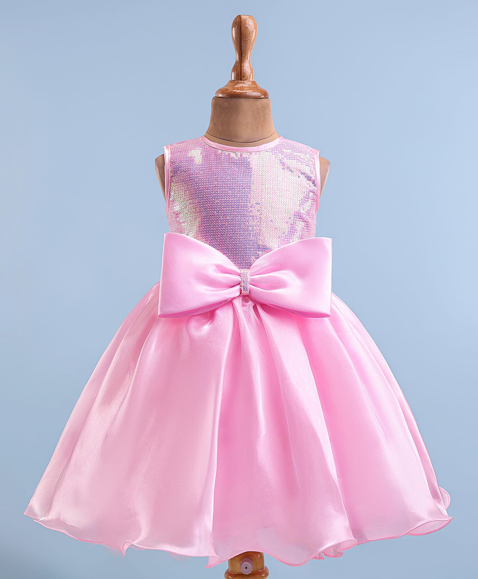 Bluebell Tissue Woven Sleeveless Party Frock with Sequin Detailing & Bow Applique - Pink-image-13