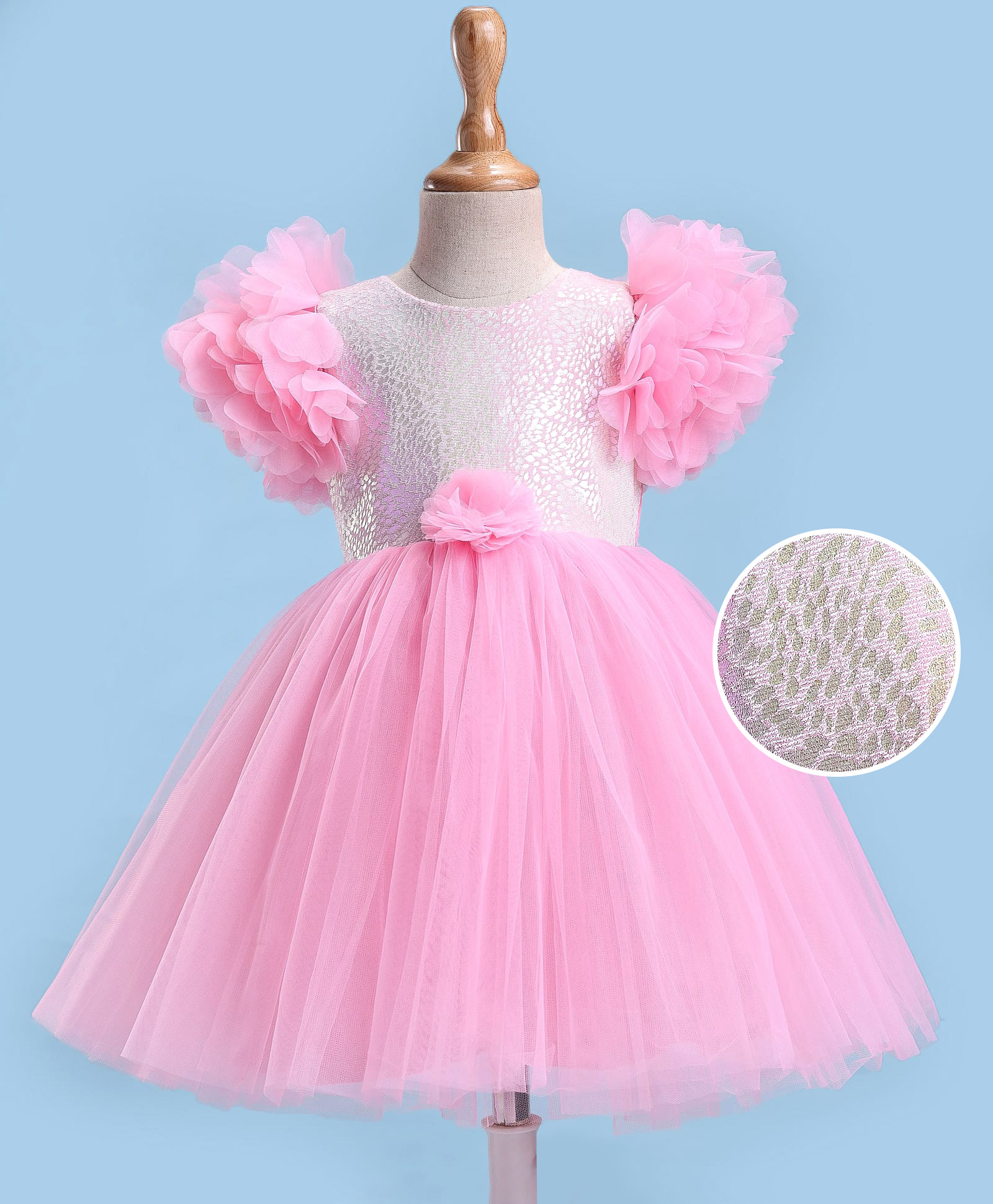 Bluebell Net Woven Half Sleeves Party Dress With Floral Applique - Pink-image-33