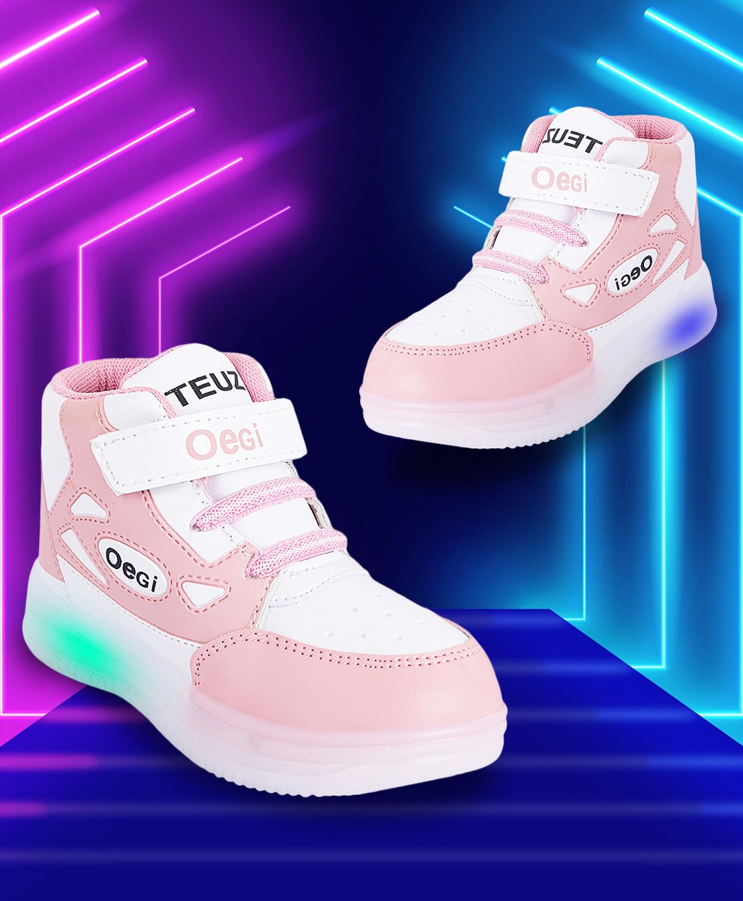 PASSION PETALS Color Blocked & Oegi Text Designed Velcro Closure LED Shoes - Pink & White-image-44
