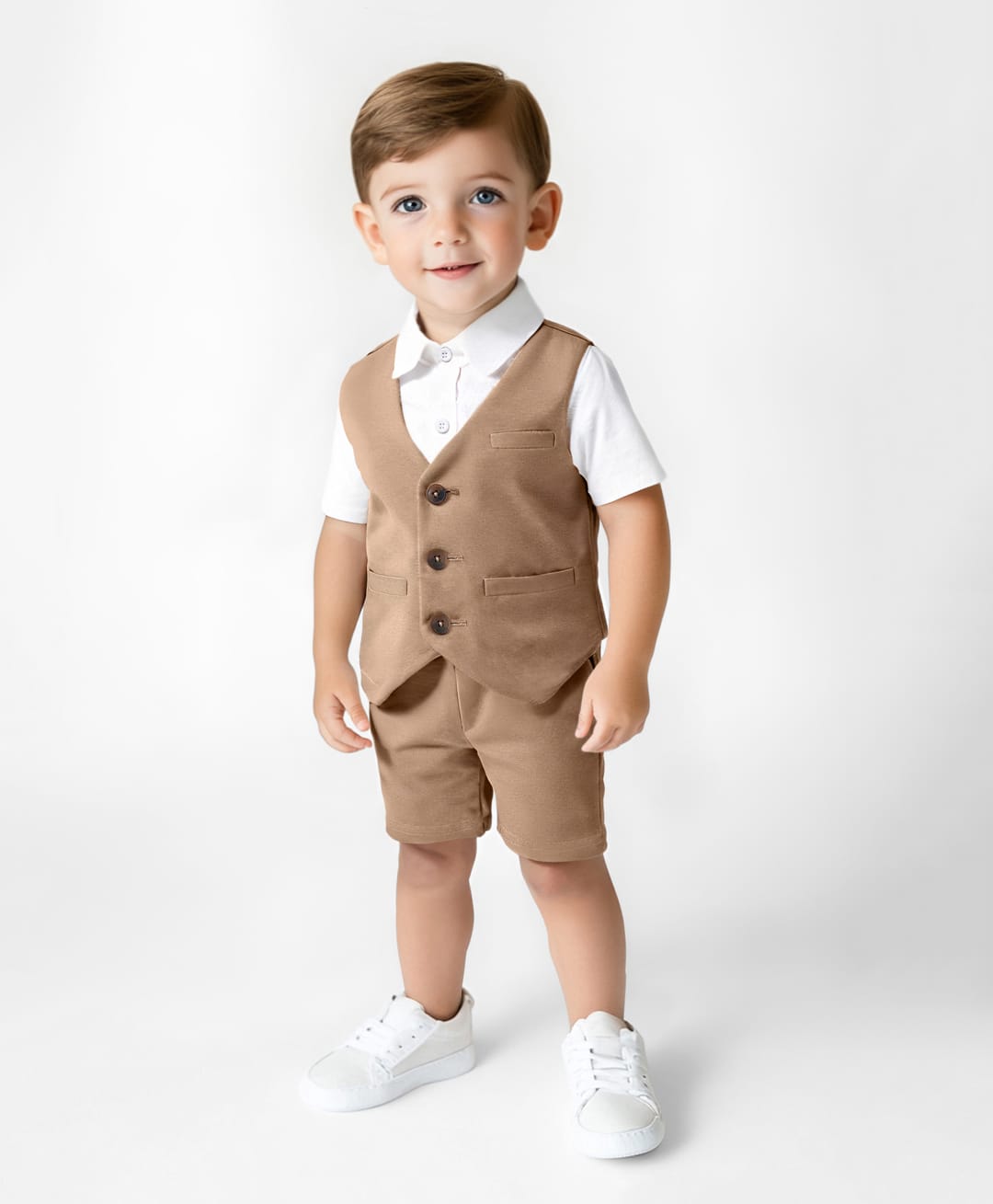 Bonfino Woven Half Sleeves Solid Colour 3 Piece Party Suit - Beige & White-picture-16