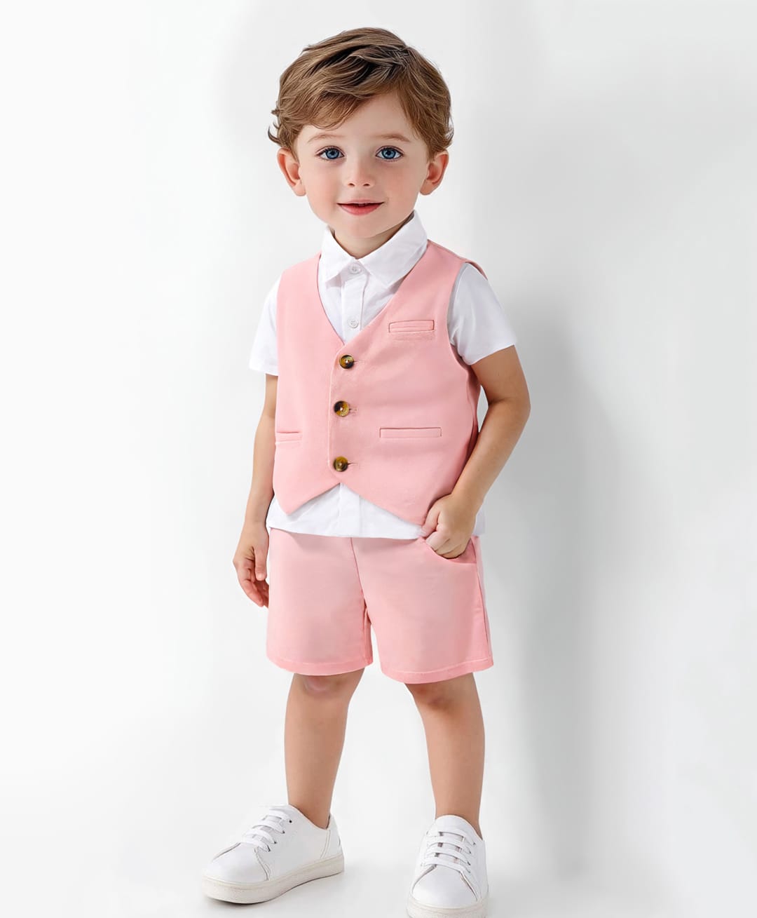 Bonfino Woven Half Sleeves Solid Colour 3 Piece Party Suit - Pink & White-image-30
