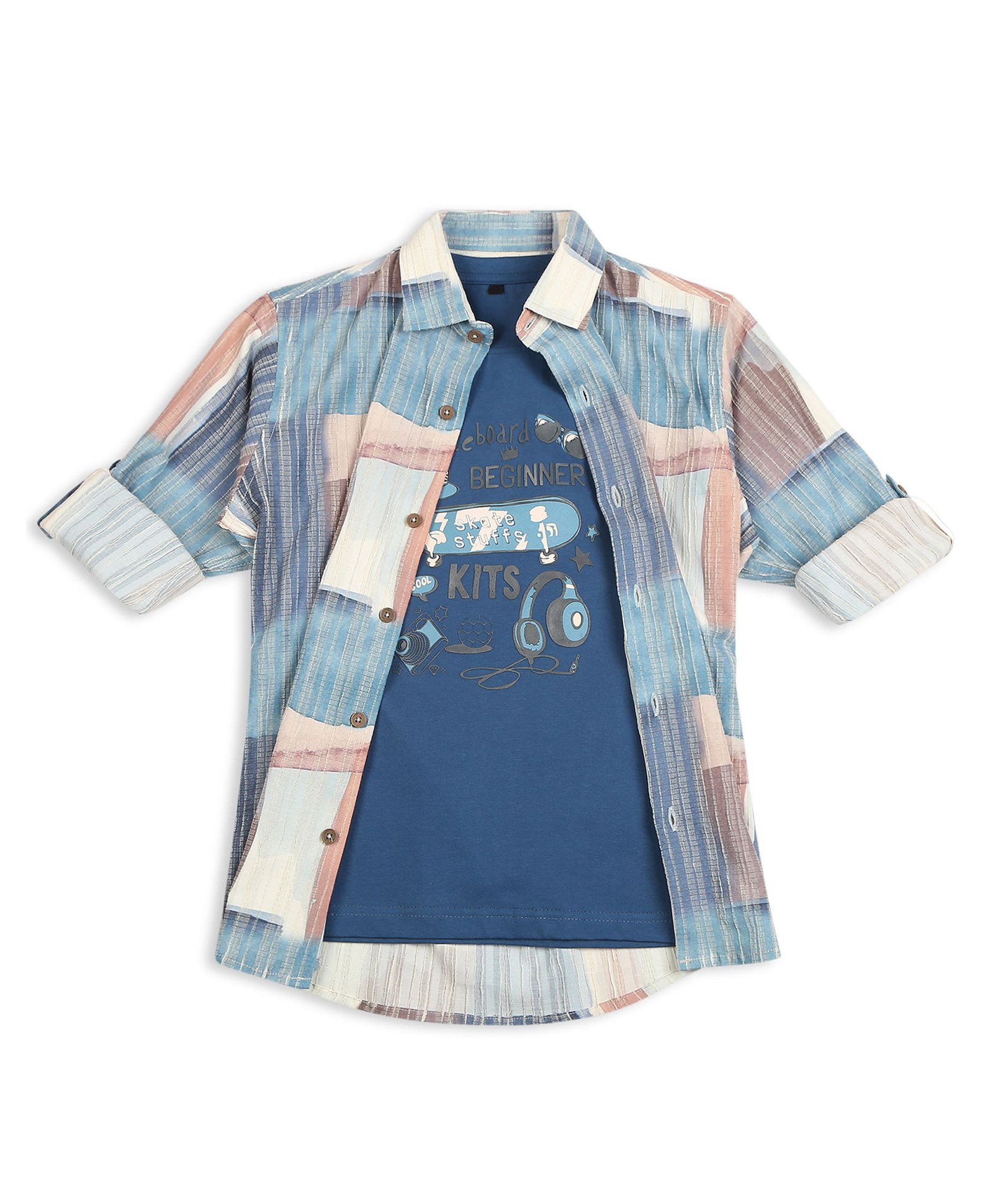 CAVIO Cotton Lycra Full Sleeves Abstract Printed Shirt & Tee - Blue-image-1