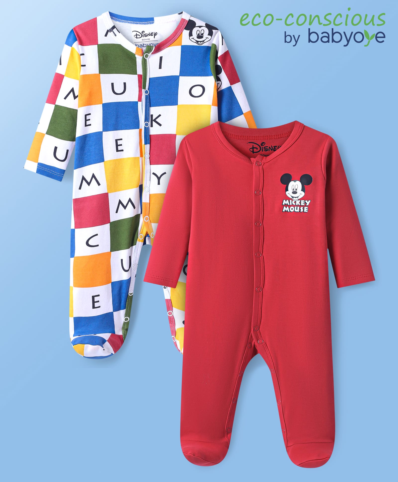 Babyoye Disney Interlock Knit Full Sleeves Footed Sleep Suits With Mickey Mouse Graphics Pack of 2 - Red & White-picture-30